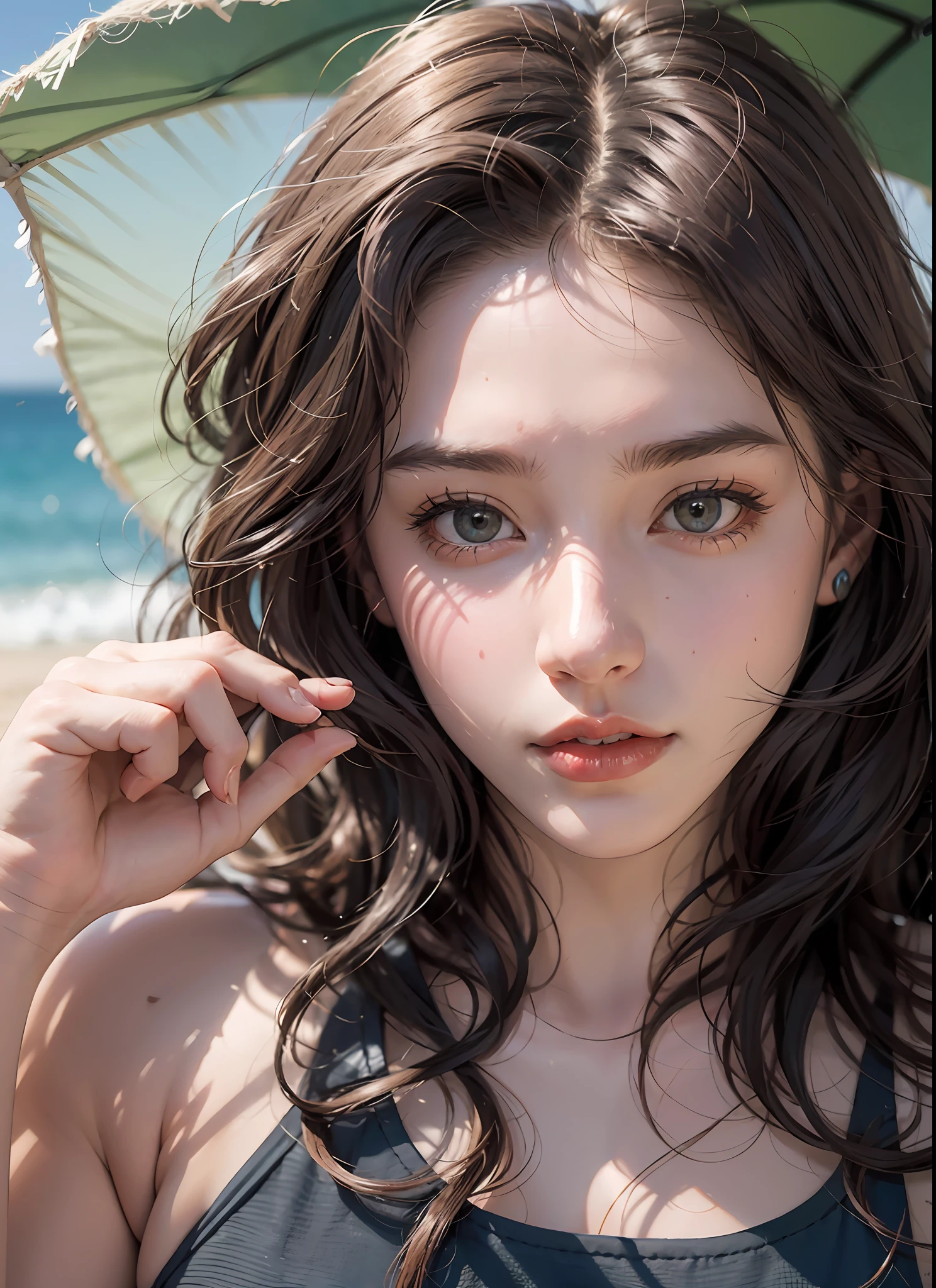 Nikon RAW photo, 8 k, Fujifilm XT3, masterpiece, best quality, 1 girl, solo, realistic, realistic, ultra-detailed, depth of field, close-up photo, seaside, girl in swimsuit, big chest