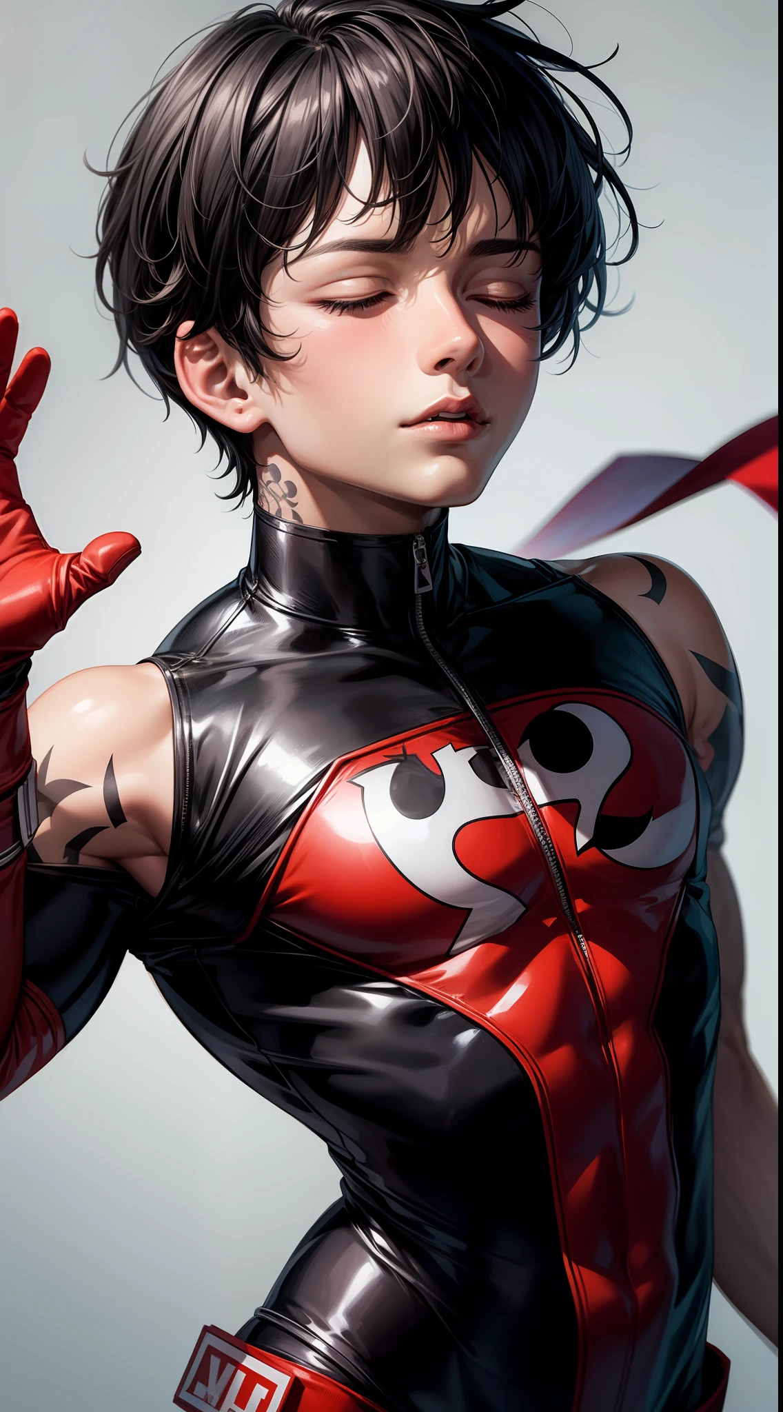 young boy, short black hair, closed eyes, white tattoos on the face, Daredevil, Masterpiece, high qulity