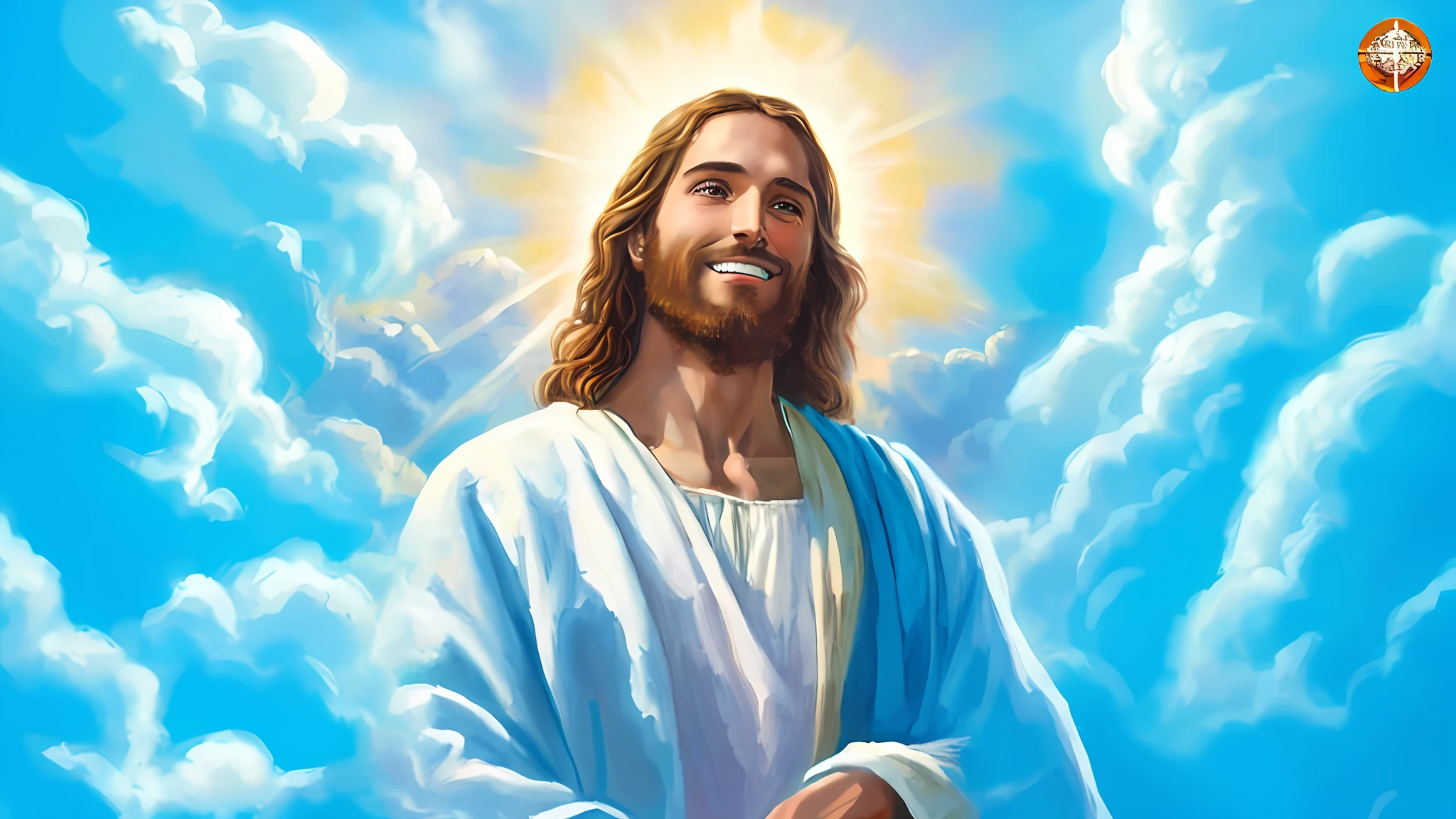 A painting of Jesus sky close up, Jesus Cristo, Smiling in the sky, Retrato de Jesus Cristo, Rosto de Jesus, Jovem Deus Todo-Poderoso, Retrato de um Deus Celestial, Greg Olsen, Jesus Gigachade, jesus of nazareth, Jesus, O rosto de Deus, Deus olhando para frente, He's greeting you warmly, he is happy, imagem de avatar,, 8k