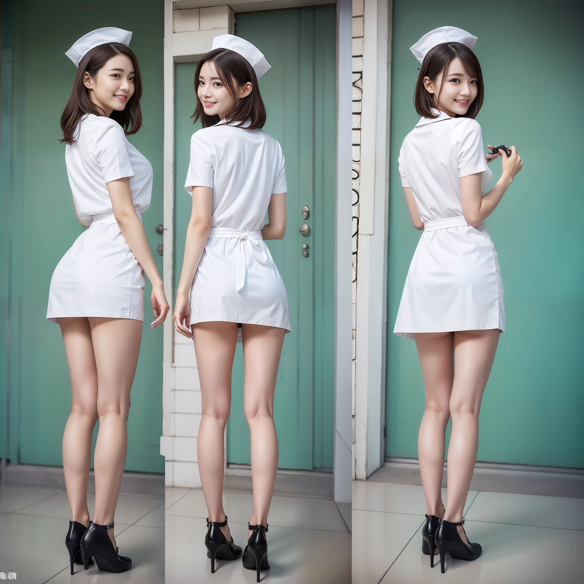 18-year-old beautiful nurse，Live action film photography，shooting full body:1.8，Full body photo of a real person，clong legs，big breasts thin waist，Petite and cute，（RAW photos，最佳质量，16k,high-definition），nmasterpiece，18age，Chinese nurse，Petite and cute，（shooting full body：1.8），（（（white love liquid））） The nurse's uniform is smooth、 Nurse hat、 stethoscope， clong legs，big breasts thin waist，最佳质量，（exquisite detailing），high resolucion，Extremely detailled，（Nurse's uniform）Super realistic detailed clothing features，（Realistic and detailed nurse cap），（（（Concentrate on the infusion））），（Outpatient infusion hall，Peaceful interior）， Smile with， 双眼皮，18-year-old female model，Beautiful Chinese girl，perfectbody，Petite and slim，medium boobs，big breasts thin waist，Beautiful buttocks，beauty legs，Beautiful feet，Nurse shoes，Dignified posture，Stylish short hair，Air bangs:1.2，Small melon seed face:1.0，Realistic and perfect face and skin，Detailed beautiful eyes，双眼皮，long eyelash，Swollen eyes，Realistic face and eyes，Facial light，Super detailed facial details，Gloss on lips，Blushlush:1.0，The skin is white and shiny:1.2，Extensive illumination，naturalshading，Shoot from the back，The waist and buttocks wrapped in the nurse's uniform are shown from the back，shooting full body:1.8