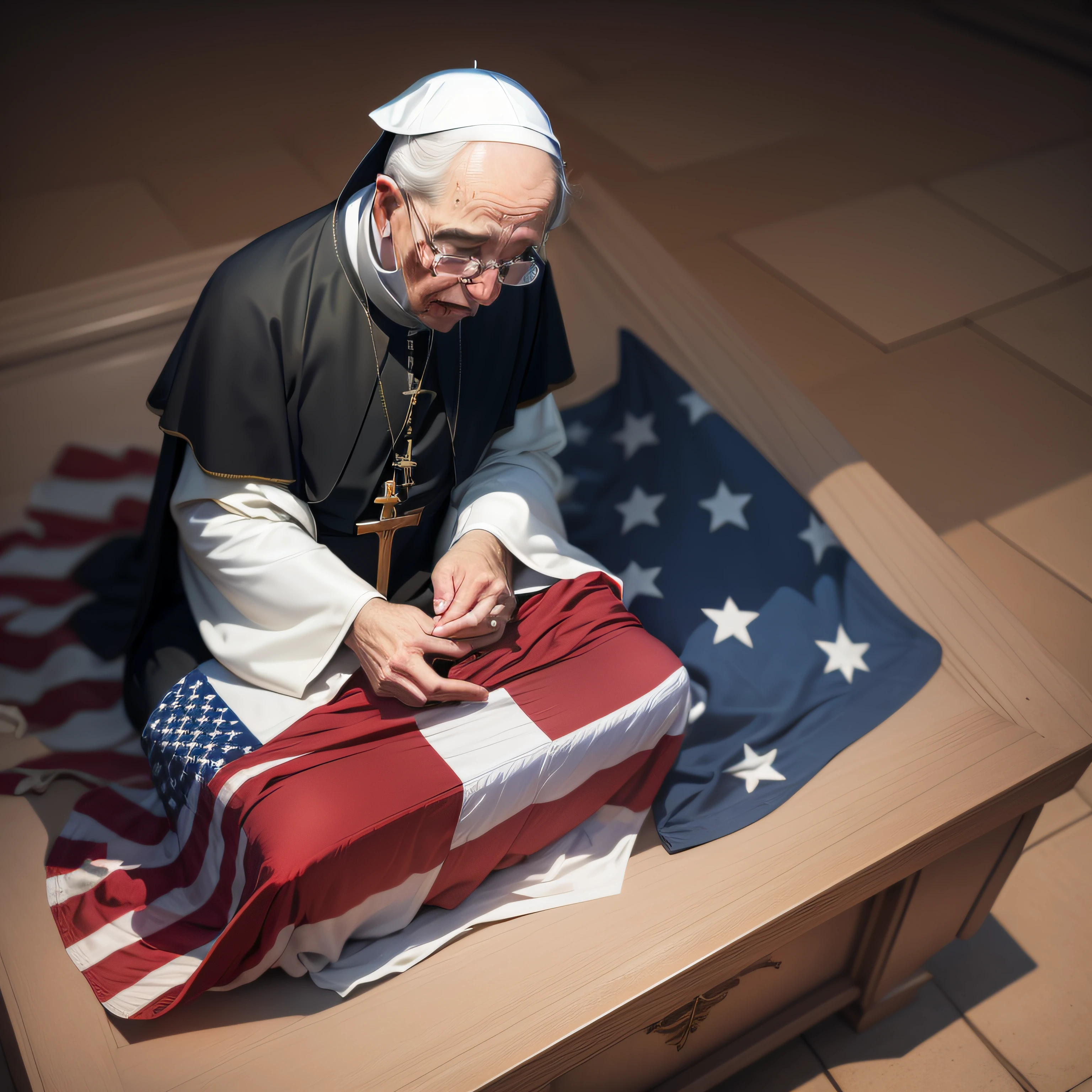 Image of the Holy Father of the Roman Catholic Church wearing a United States flag as a blanket and weeping on top of a United States flag, Holy Father weeping on top of a small coffin draped in the flag of the United States