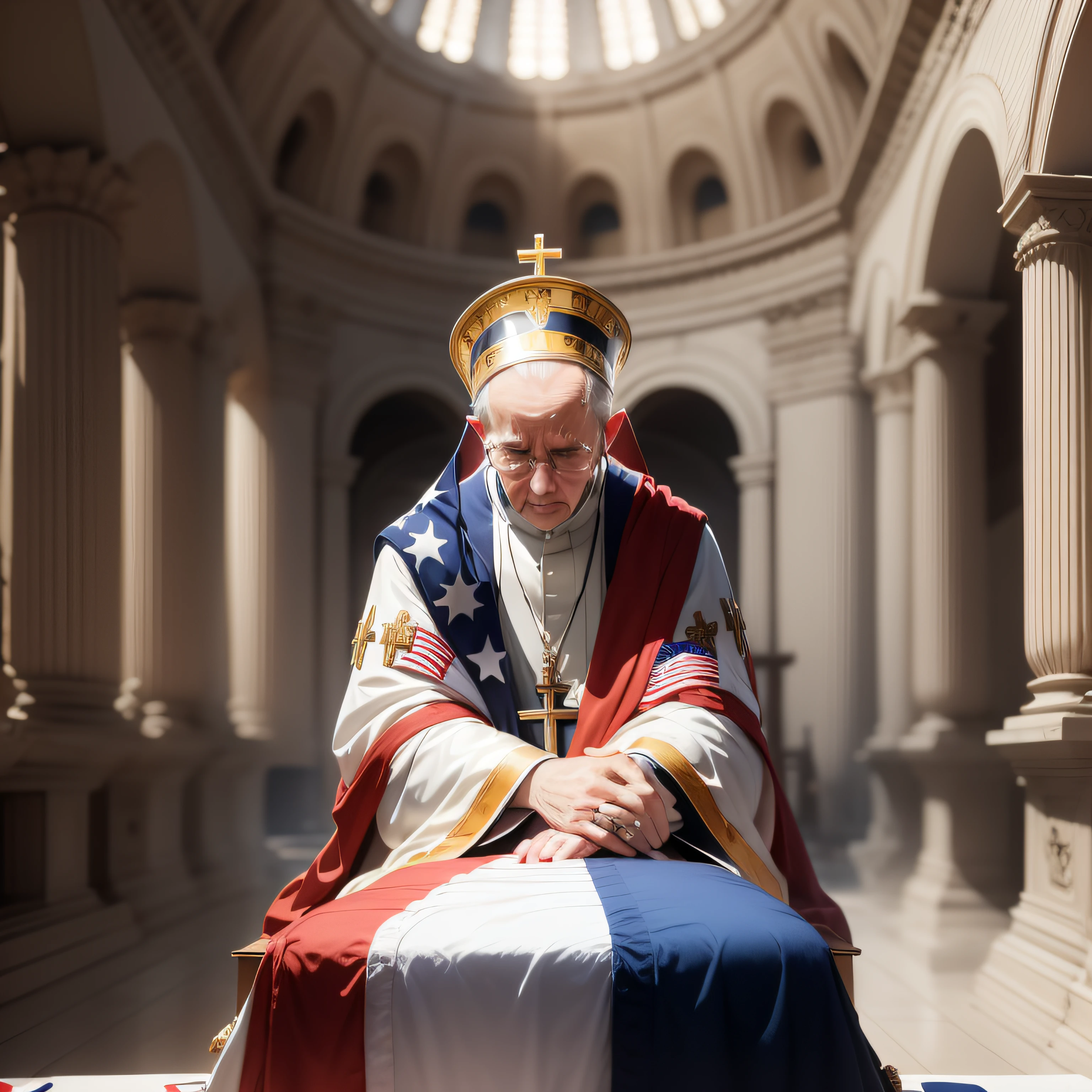 Image of the Holy Father of the Roman Catholic Church wearing a United States flag as a blanket and weeping on top of a United States flag, Holy Father weeping on top of a small coffin draped in the flag of the United States