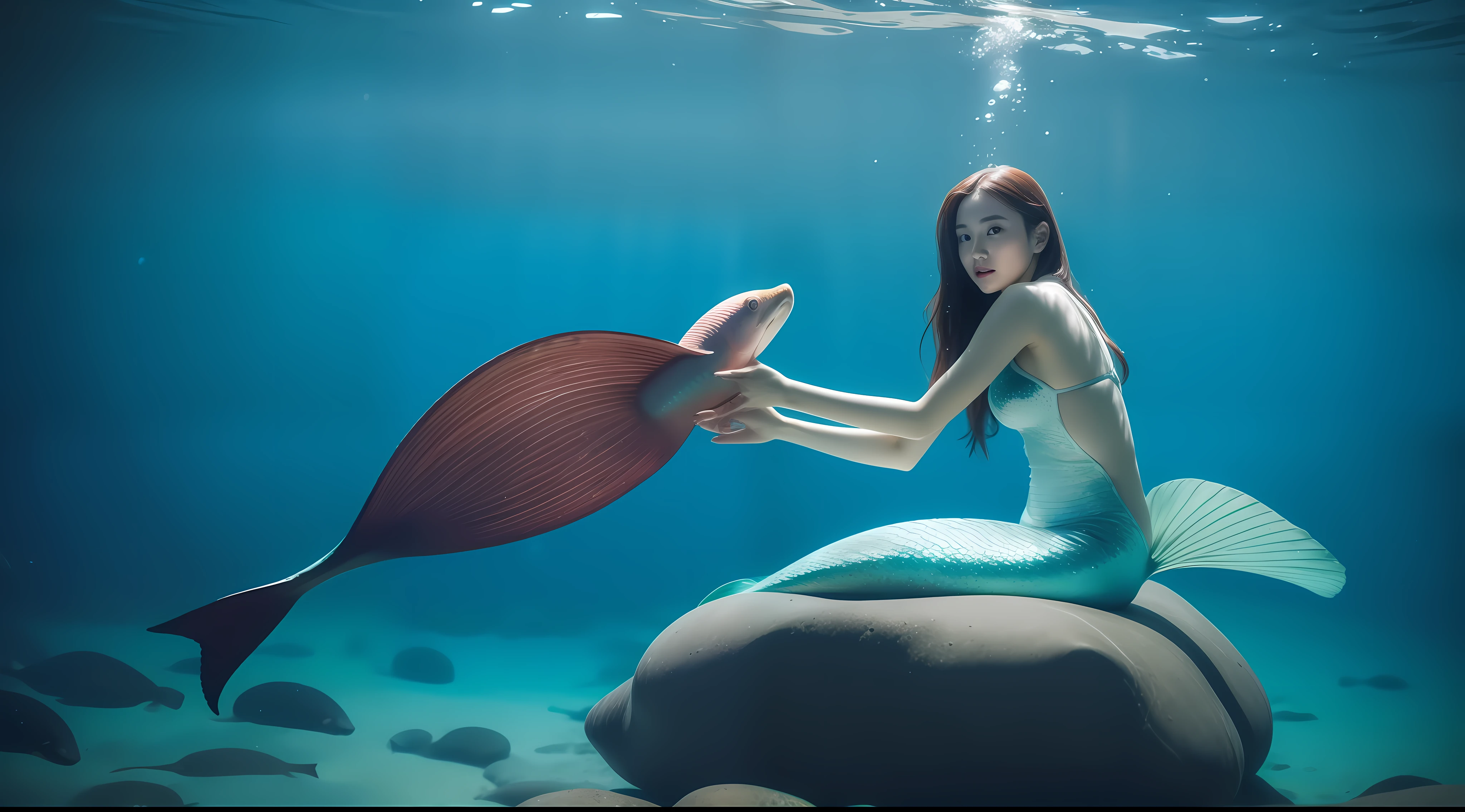 mermaid sitting on a rock in the water with fish, real photoshoot queen of oceans, beautiful mermaid, portrait of mermaid, mermaid, queen of the sea mu yanling, portrait of mermaid queen, underwater photo, a mermaid in the sea, in the sea, underwater shot, sitting in her throne underwater, closeup fantasy with water magic, standing under the sea, under water