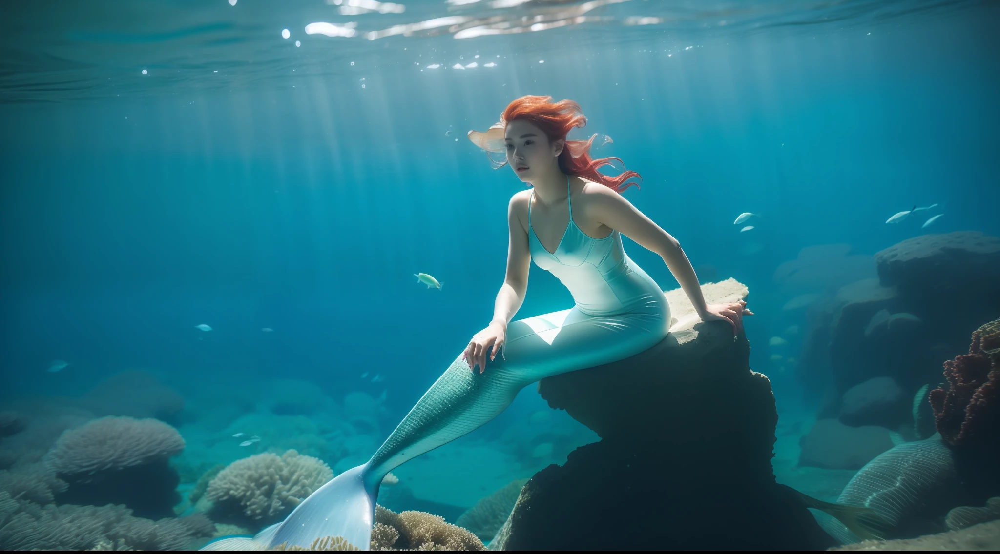 mermaid sitting on a rock in the water with fish, real photoshoot queen of oceans, beautiful mermaid, portrait of mermaid, mermaid, queen of the sea mu yanling, portrait of mermaid queen, underwater photo, a mermaid in the sea, in the sea, underwater shot, sitting in her throne underwater, closeup fantasy with water magic, standing under the sea, under water