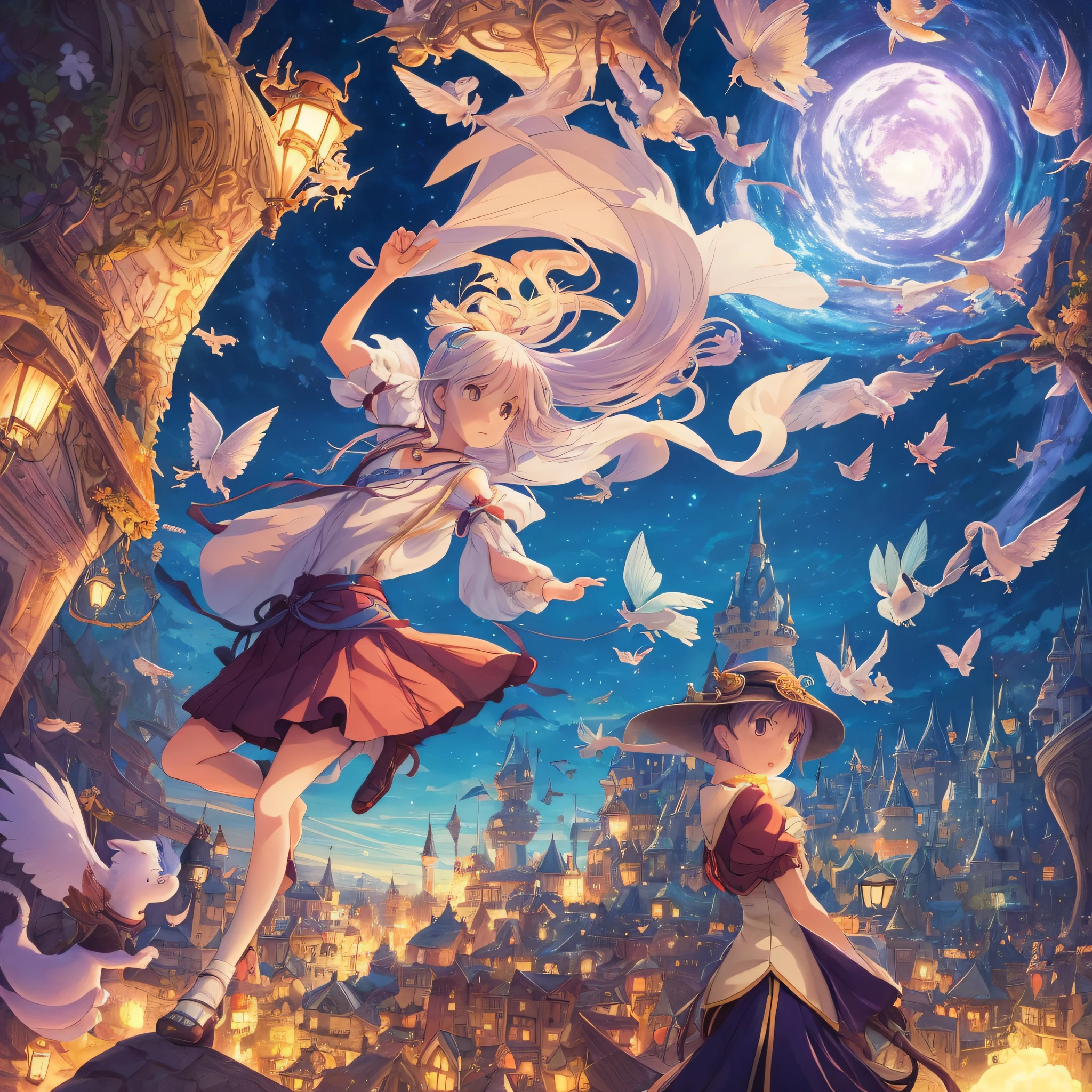 An anime girl inspired by the world of fairytales. Innocent and whimsical expression, surrounded by magical creatures and enchanting elements. Art by Yoh Yoshinari and Hayao Miyazaki. Fairytales, magic, wonder, anime style.