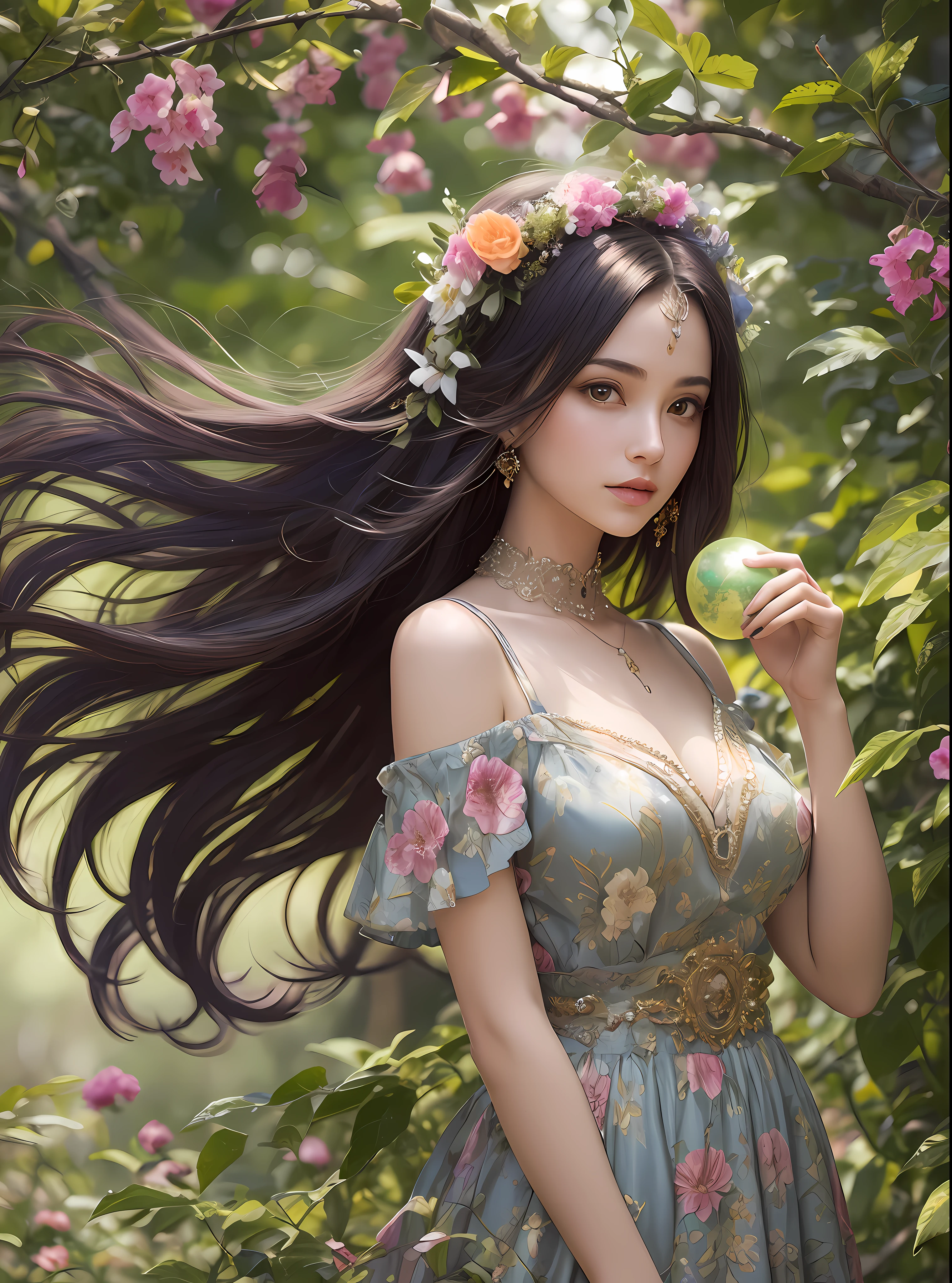 (Visual Prompt)) A woman in a magical and enchanting environment, surrounded by exotic flowers and lush trees.
She is dressed in a long, flowing dress with vibrant colors and intricate patterns.
Seus cabelos ondulados caem suavemente sobre seus ombros, adornado com flores delicadas.
The soft light of the sun passes through the leaves of the trees, criando um jogo de sombras e luzes em seu rosto sereno. She holds a glowing orb in her hands as she gazes at the distant horizon, where a majestic castle looms against the sunset sky.