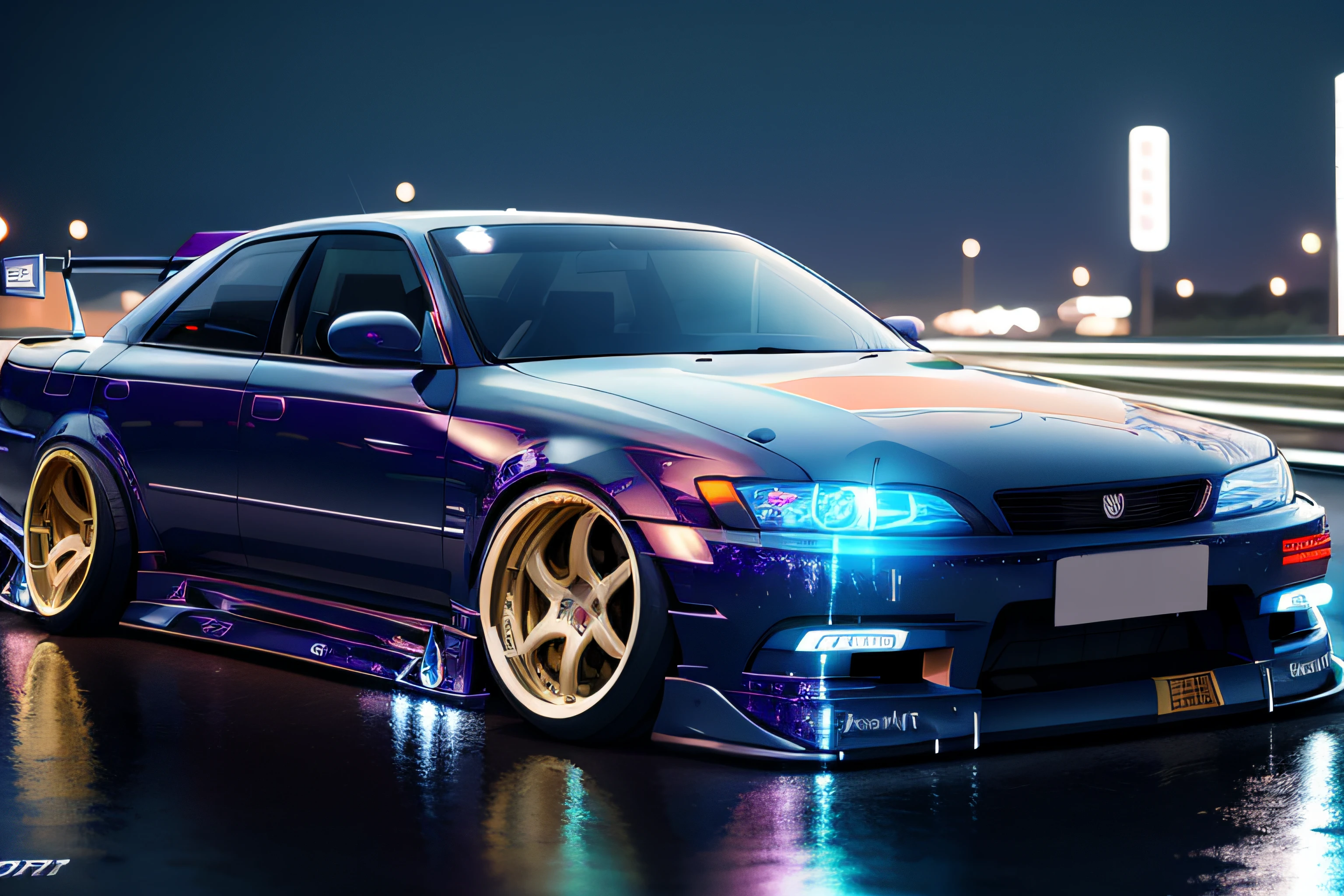 (STANCE), masterpiece,best quality,official art,extremely detailed CG unity 8k wallpaper,illustration, light,car, bright, sports car, vehicle focus, road, ((need for speed)),((NFS)), moving, wet, (((night, midnight))),neon lights,drift,  (MARKII)