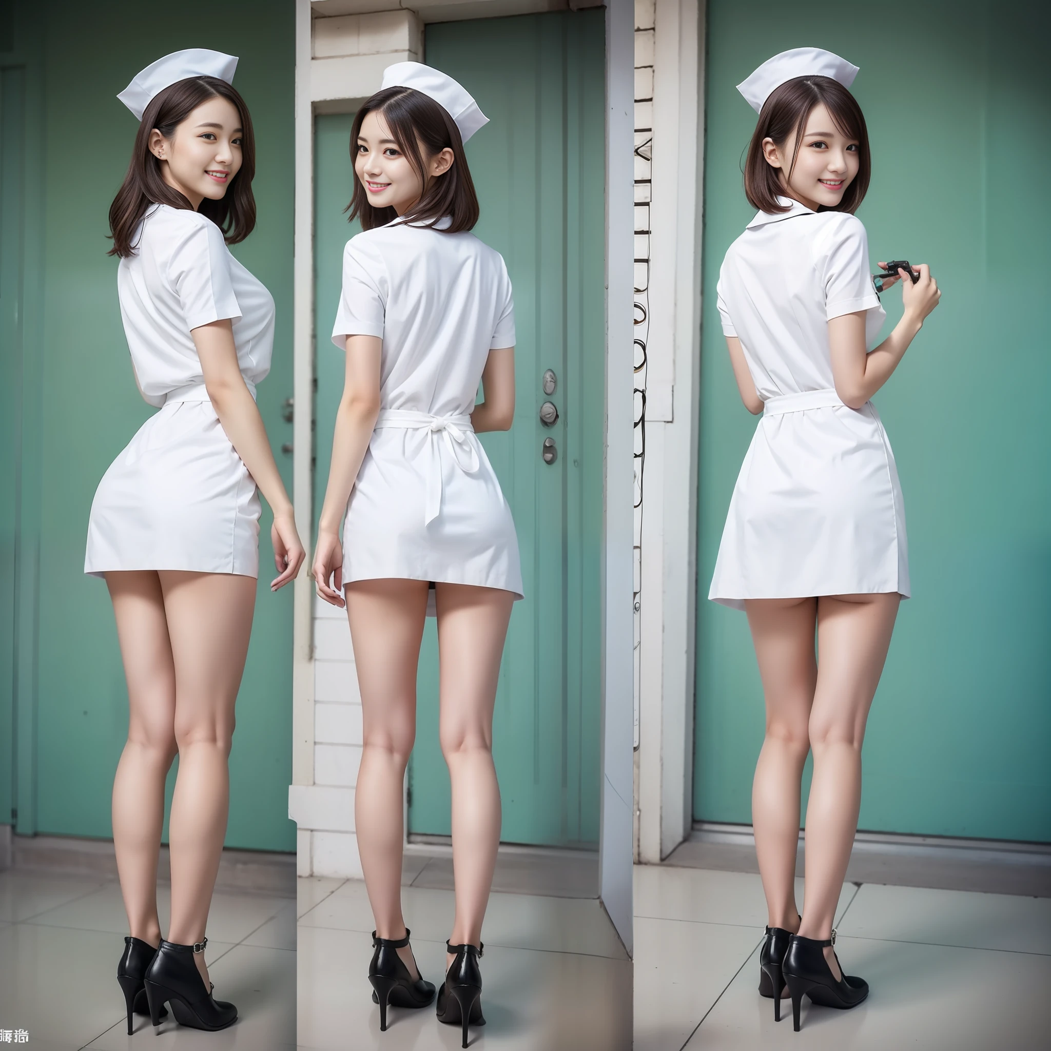 18-year-old beautiful nurse,Live action film photography,shooting full body:1.8,Full body photo of a real person,clong legs,big breasts thin waist,Petite and cute,(RAW photos,最佳质量,16k,high-definition),nmasterpiece,18age,Chinese nurse,Petite and cute,(shooting full body:1.8),(((white love liquid))) The nurse's uniform is smooth、 Nurse hat、 stethoscope, clong legs,big breasts thin waist,最佳质量,(exquisite detailing),high resolucion,Extremely detailled,(Nurse's uniform)Super realistic detailed clothing features,(Realistic and detailed nurse cap),(((Concentrate on the infusion))),(Outpatient infusion hall,Peaceful interior), Smile with, 双眼皮,18-year-old female model,Beautiful Chinese girl,perfectbody,Petite and slim,medium boobs,big breasts thin waist,Beautiful buttocks,beauty legs,Beautiful feet,Nurse shoes,Dignified posture,Stylish short hair,Air bangs:1.2,Small melon seed face:1.0,Realistic and perfect face and skin,Detailed beautiful eyes,双眼皮,long eyelash,Swollen eyes,Realistic face and eyes,Facial light,Super detailed facial details,Gloss on lips,Blushlush:1.0,The skin is white and shiny:1.2,Extensive illumination,naturalshading,Shoot from the back,The waist and buttocks wrapped in the nurse's uniform are shown from the back,shooting full body:1.8