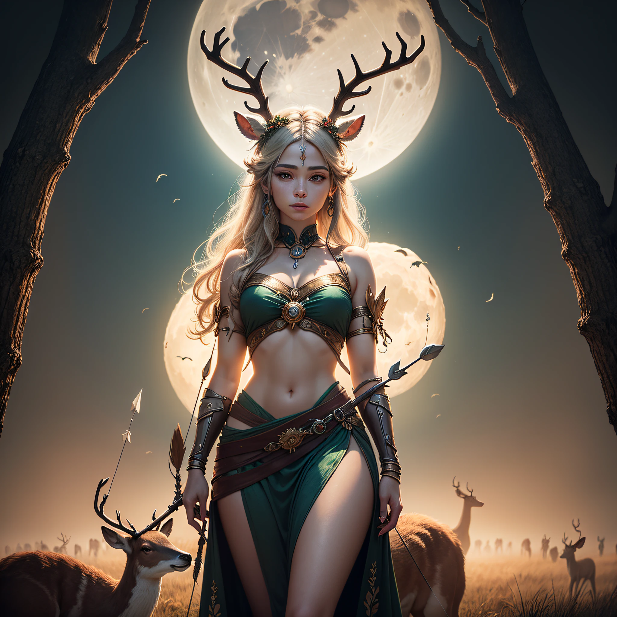 A wild and mystical image of Artemis, The goddess of the hunt and the moon, em meio a uma floresta densa e iluminada pela luz prateada da lua. She is accompanied by a group of deer, symbols of their connection to nature and animals. Your bow and arrows are ready to protect wildlife.