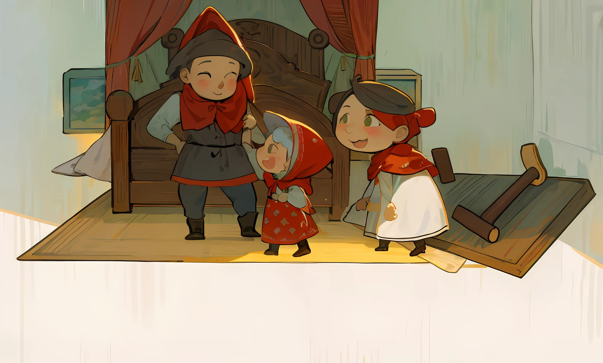 A cartoon of a grandmother and hunter and little girl in bedroom with bed, Storybook illustration, children illustration, littleredridinghood, KIDS ILLUSTRATION, children's book illustrations, Children's book illustration, children's book illustrations, The hunter wears a hat on his head,Carrying a shotgun on his back,Complete hands。Lovely style