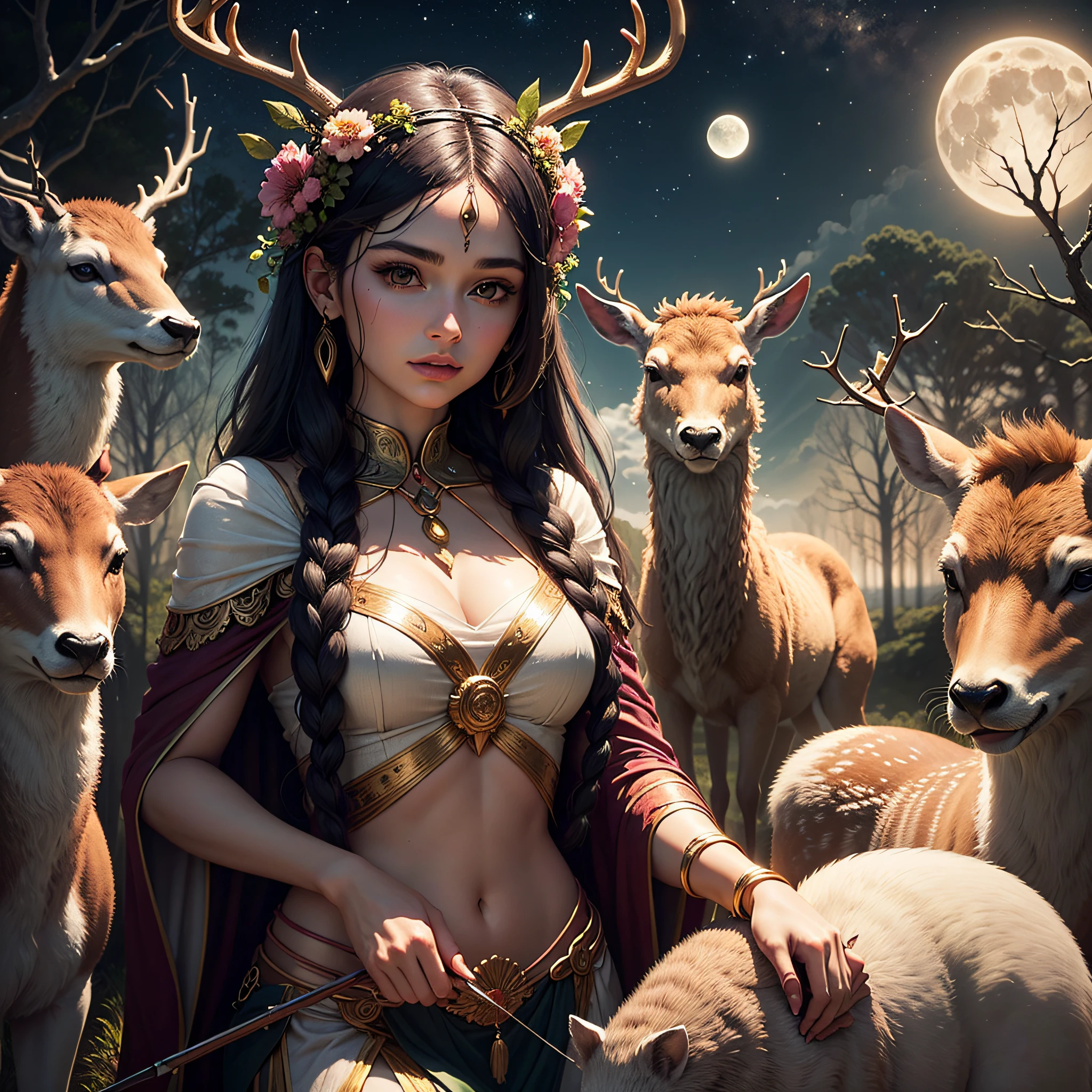 A wild and mystical image of Artemis, The goddess of the hunt and the moon, em meio a uma floresta densa e iluminada pela luz prateada da lua. She is accompanied by a group of deer, symbols of their connection to nature and animals. Your bow and arrows are ready to protect wildlife.