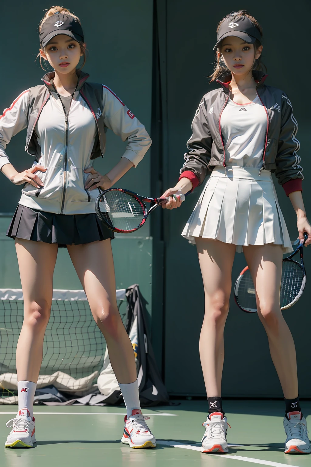 The highest image quality、tennis coat、game、mini-skirts、sleeveless、umpire、Stance、Holding a racket、Look at the other party、