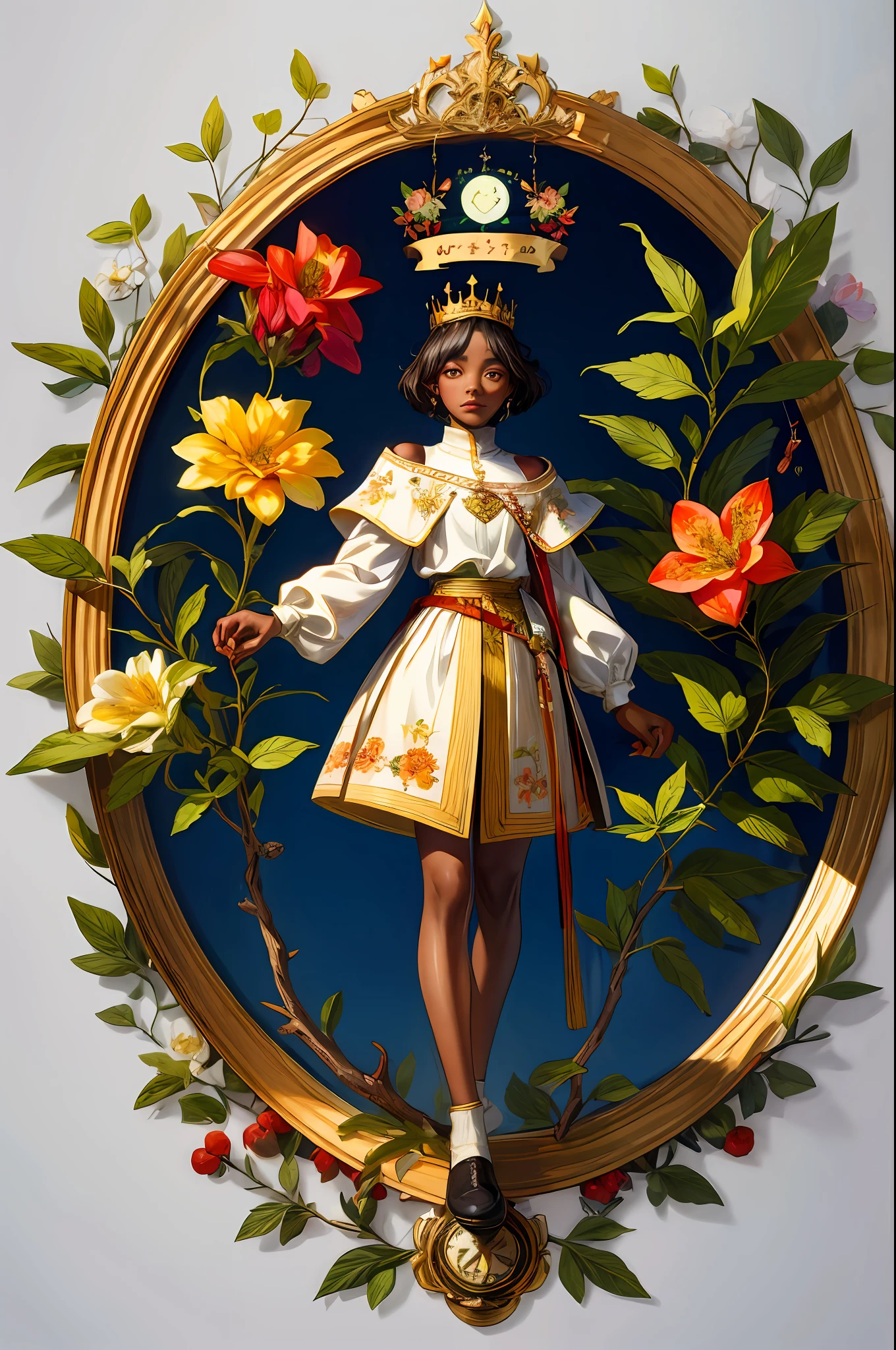 Detailed illustration of a medieval herbal manuscript page with herbal illustrations, with floral illustrations, fruits, intricate text, exceptionally high details, aerial view from above, centred, 1 princess with a crown, dark skin, blue background