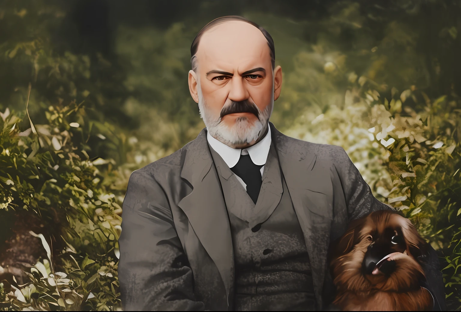 there is a man sitting with a dog in a field, Retrato de Sigmund Freud, inspirado em Max Weber, frederic bennett, Luciano Freud, edouard caplain, vladimir lenin, colorido, colorido 1 9 0 4 foto, inspirado em Hugo Simberg, Vladimir Motsar, Outubro, fotografia colorida, colorido, inspirado em Valentim Hugo