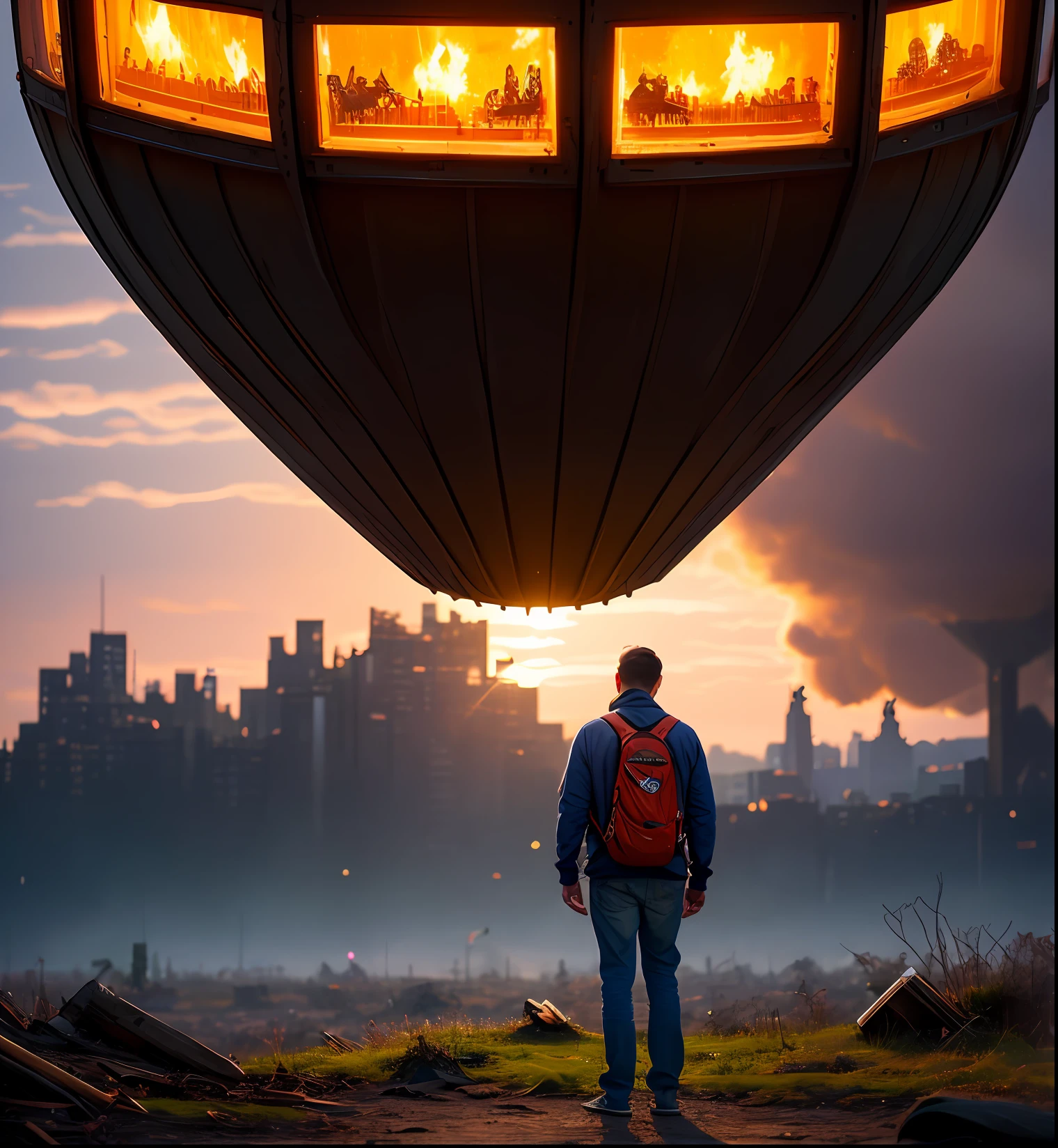 simon stalenhag style,
masterpiece, best quality, 8k, , sharp focus, ultrarealistic,
raw photo of
end of times,
(backround defocused):1.4, (depth of field):1.4
