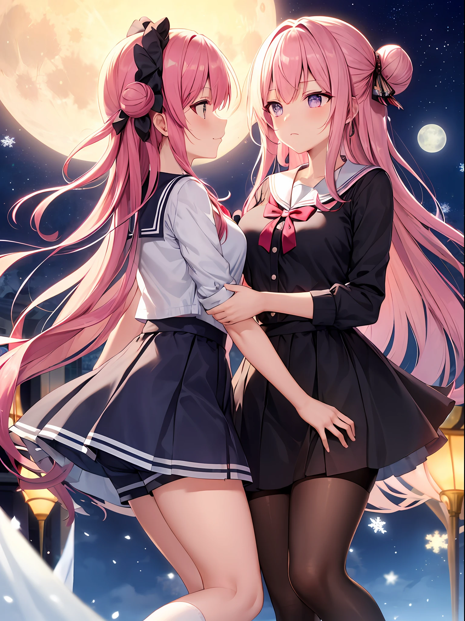 masterpiece, best quality, night, stars, full_moon, art book, mature woman, yuri, idol, alternating hair length, pink hair, purple hair, bun, double tail, hair bow, headband, snowflake hair ornament, frown, giggle, eyes visible through hair, split and medium breasts, sailor shirt, shorts under skirt, black pantyhose, black socks, filigree ribbon,