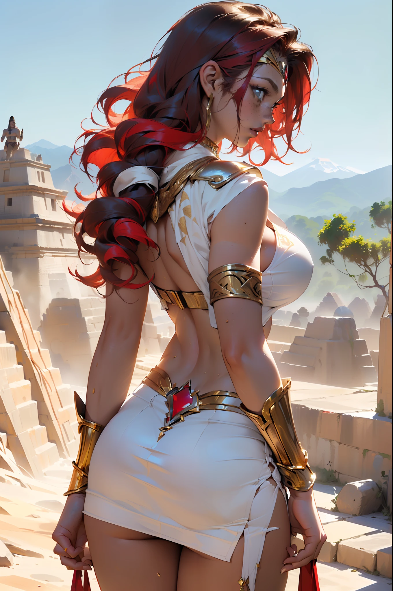 (((Simon Bisley))), (((Frank Frazetta))), ((((absurdists))), (((best quality))), (((masterpiece))), (((back))), ((((perfect ass)), voluptuous 35-year-old Aztec woman, pre-Columbian warrior, war paintings by the body, perfect and proportional body, warrior wearing very few clothes and many necklaces and adornments by the body, straight long hair, gold see through micro skirt, walking among Aztec pyramids, mountain ranges in the background, lots of heat, she is sweaty and her skin glows under the scorching sun, coarse armor on her left arm, (red hair with gold streaks, freckles, huge breasts, nearly naked, underboob), blend of Natalie Dormer and Gal Gadot, silk robes
