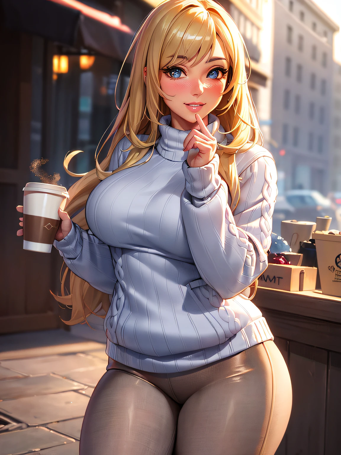 (masterpiece, best quality:1.4), (modern days), (cowboy shot), 1girl, solo, pov, sfw, stunning girlfriend, (standing:1.1), dynamic pose, (white oversized sweater, knit sweater:1.4), (skinny yoga pants, dark gray yoga pants: 1.4), (navy short jacket, denim jacket: 1.4), long blonde hair, bangs, heart-shaped face, elegant face, beautiful face, high detail face, high detail skin, skin pores, subsurface scattering, (blue eye details), realistic pupils, plump breasts, loving smile, looking at the audience, full blush, plump lips, holding a coffee cup, centered, coffee shop in background, city street, sunny day, wind, detailed background, depth of field, Atmospheric perspective, volumetric lighting, clear focus, absurd, realistic proportions, good anatomy, (realistic, hyper-realistic:1.4), 16k HDR,
