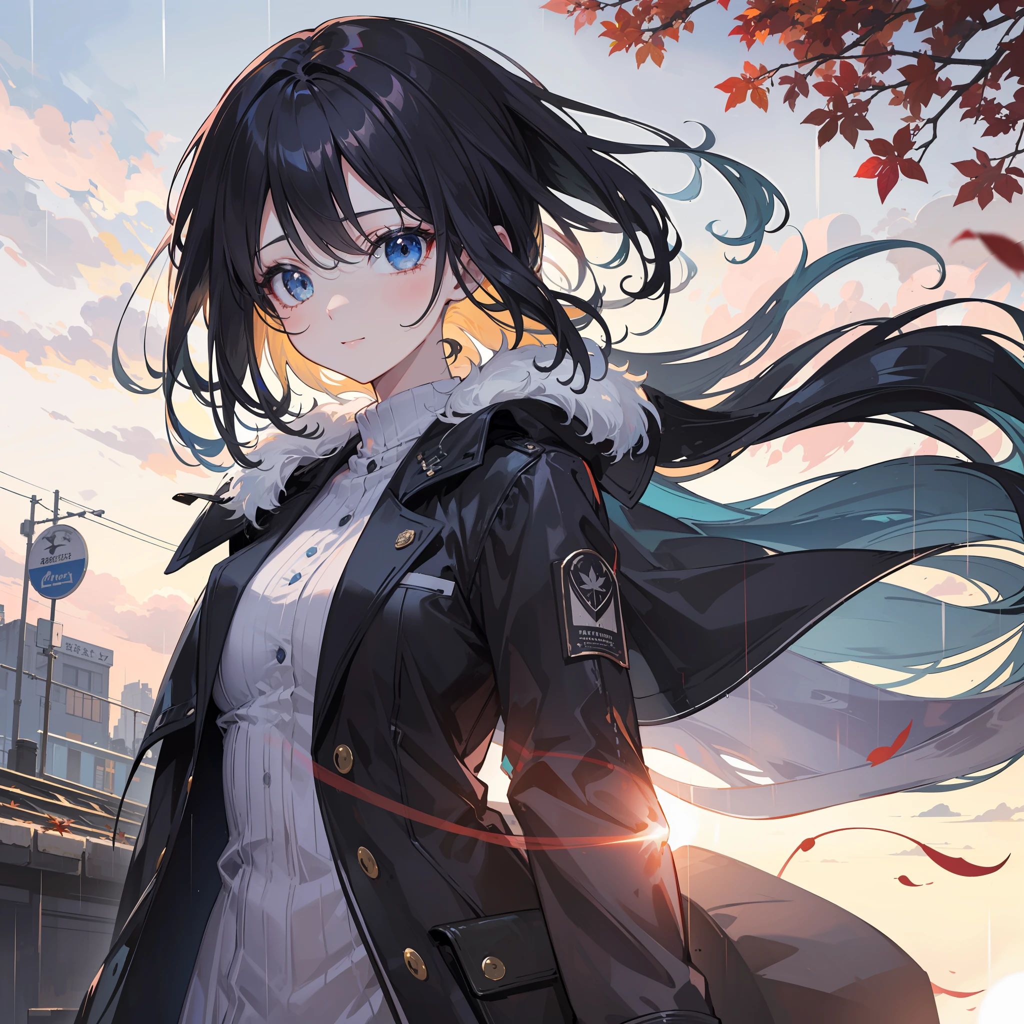 (1girl, cute girl,train track, masterpiece, perfect face), high details, nature, artistic, contrast,shadows, gorgeous, old, cinematic,centralized, metal, high details, overcoat, rainy day BREAK symetric, gorgeous, leafs, sunset, perfect face, expressive eyes, close up, depth, windy, happy, freedom