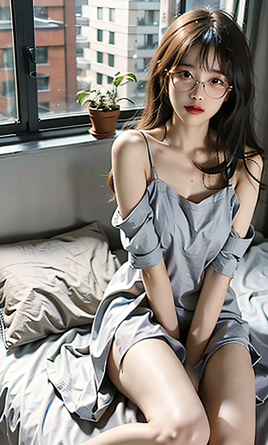 Beautiful detailed girl, very detailed eyes and face, beautiful detailed eyes, (full body), 1girl, 16 years old, long hair, side split, (with glasses), (lying on the side in bed)), (nightdress), (perfect body 1.3) super detailed, high resolution, best quality, masterpiece, illustration, fine details, masterpiece, 8k wallpaper, movie lighting,