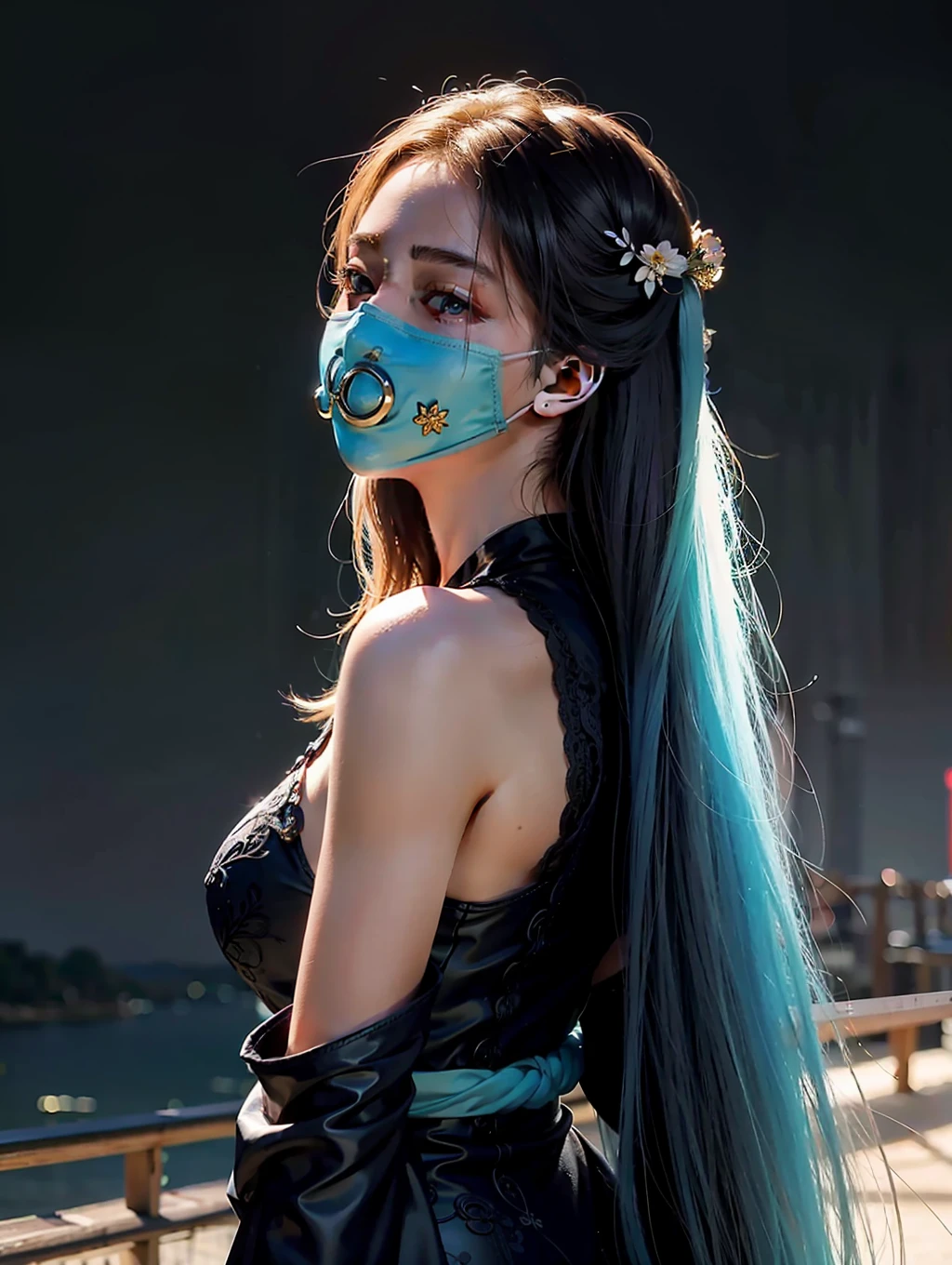 offcial art, unity 8k wallpapper, ultra -detailed, Beauty and aesthetics, nmasterpiece, 最佳质量, (Zen entanglement, tangled, tangled), 1girl, Heavily detailed, dynamic angle, cowboy lens, The most beautiful forms of chaos, elegantly, , romanticism lain, James Jean, The ecstasy of the cyan human skin mask,(Illustration beautiful by Apterus:1.2),Hanfu men,Long hair with high cape,Mask in hand,middle aged,Long beard,Handsome seems to be smiling,Traditional Japanese village,detailed back ground,creepy scenery,