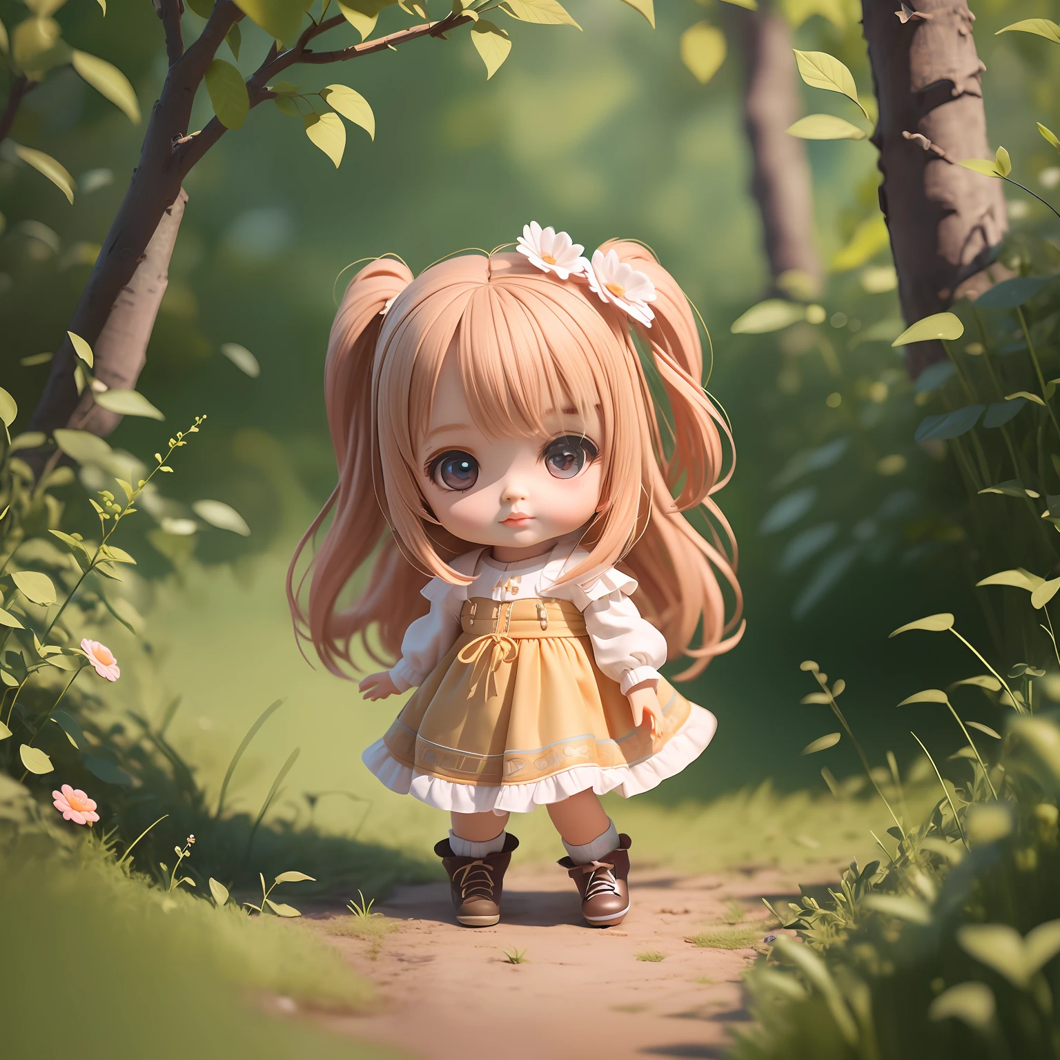 A cartoon doll in a red dress，3D，Long hair，with big eyes，Small lips，Playful and cute，lots of sunlight，The background is a primeval forest --auto