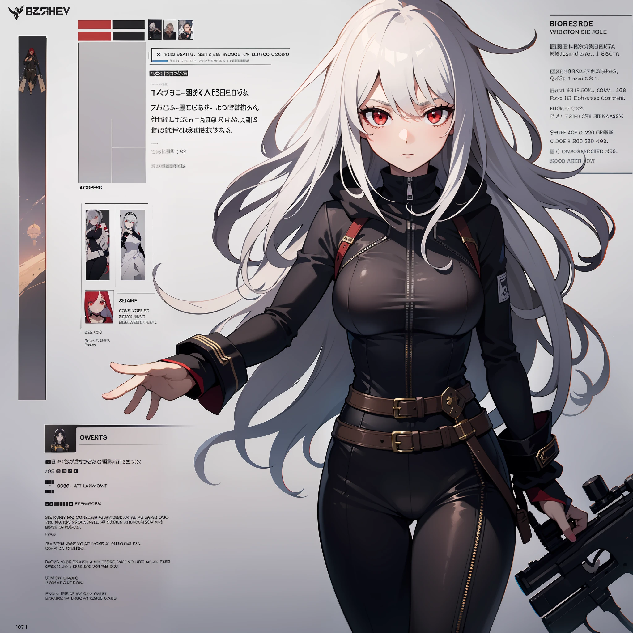 cohesive background,(character sheet:1.1),(clothes:1.15),clothes sheet,masterpiece,(bestquality),highlydetailed,ultra-detailed,pale,red eyes,white hair:1, long hair,hair rings,sniper rifle,black bodysuit,medium bust,high and cold expression, belt wrapping, dagger decoration,