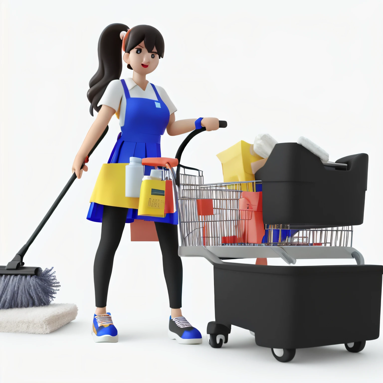 A housewife who cleans，modern day，E-commerce 3D effect，Model simple cartoon ，with a simple background，The character environment is moderately proportioned