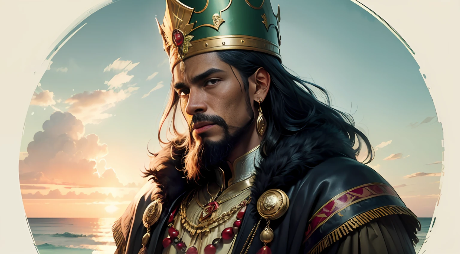A close-up portrait of a Caribbean king, watercolor art style. The king, charismatic and regal, gazes towards the horizon, his eyes reflecting a lifetime of wisdom. His skin is a deep, rich chocolate color, reflecting the Caribbean sun. His beard is salt-and-pepper, meticulously groomed, hinting at his age and experience. The king's headdress is a kaleidoscope of colors, adorned with beads, feathers, and gemstones sourced from the tropical paradise he rules over. Watercolor style, showcasing the blending of vibrant hues and the soft texture typical of this medium. Details like the texture of his skin and the twinkling in his eyes should be meticulously done to bring the portrait to life. Created in the style of artists such as Winslow Homer or John Singer Sargent, renowned for their skill with watercolor. --auto