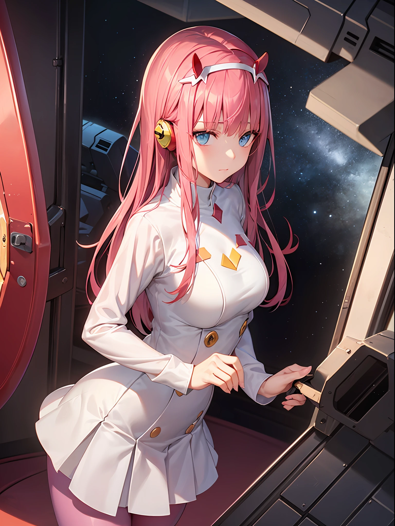 (top view), dynamic angle, ultra-detailed, illustration, close-up, straightforward, 1 girl, ((DARLINGintheFRANXX: ZERO TWO, ゼロツー, long red horns, jack headphones, pink tights: 1.4, pink hair)), her eyes shine like dreamy stars, (glowing eyes: 1.233), (beautiful and detailed eyes: 1.1), (expressionless, closed mouth), (standing), (mechanical room with tools and spaceship windows in white mech), Tsuruwanglan in the background, (night: 1.2), dreamy, [slender fingers and hands: 0.55]::0.85], (detail fingers),