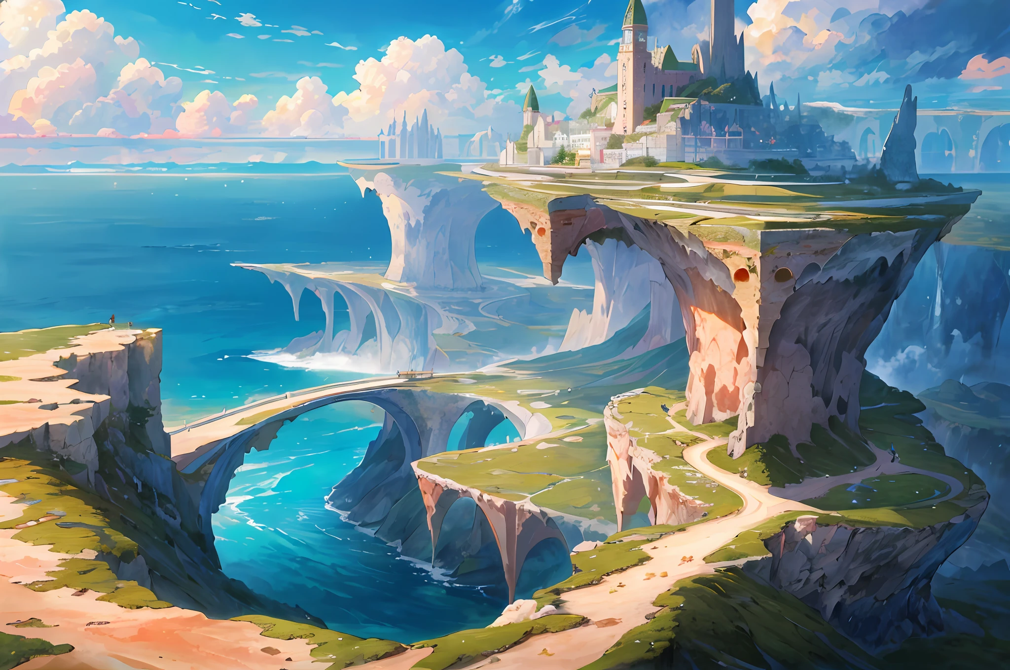 (nmasterpiece,need,need),(Fantastic landscape,Fictional landscapes),Hiryu,Magical mega-buildings,There are crystals on the building,myth,the sea,Stone,Clouds in the distance,
