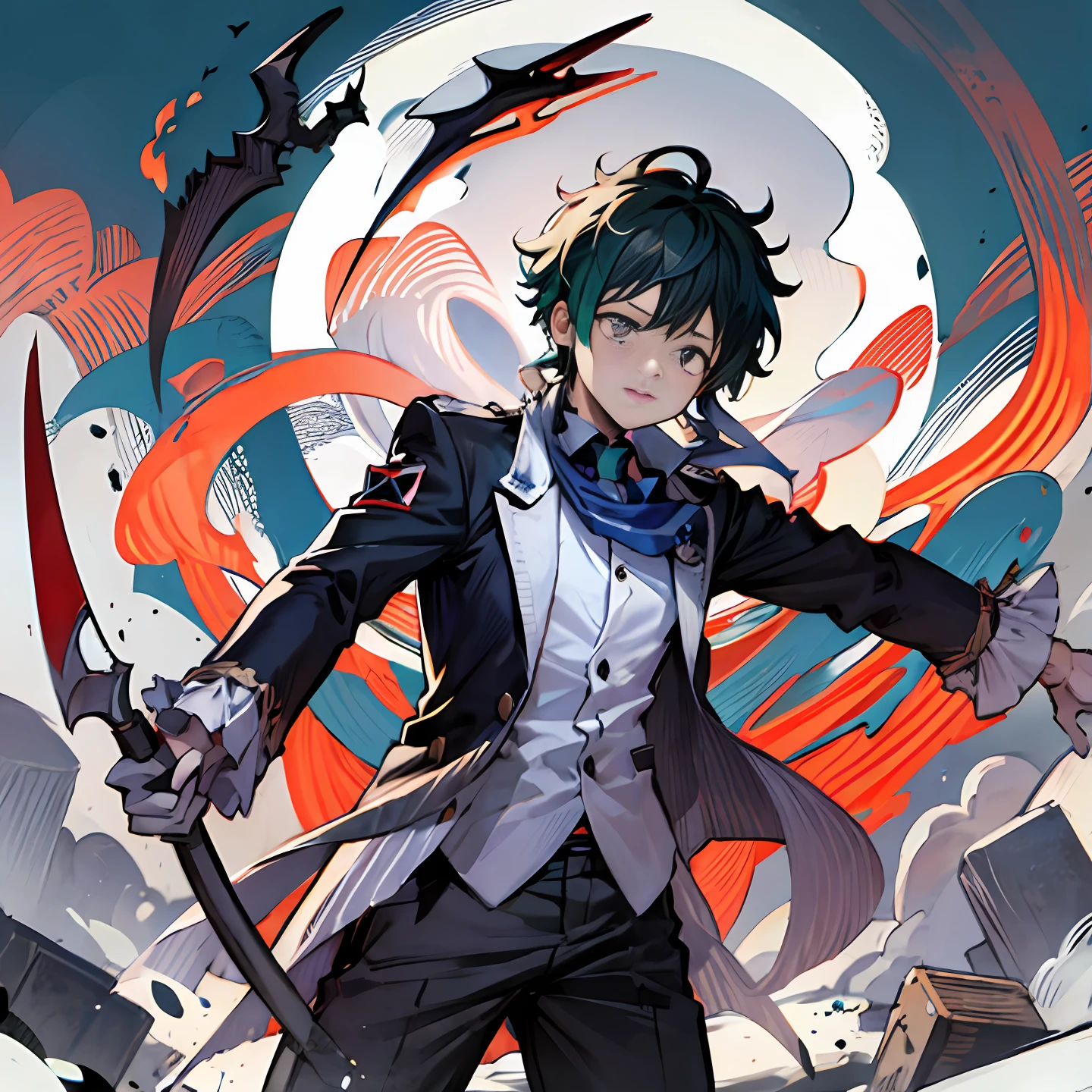 Izuku Midoriya as the grim reaper wearing plague doctor's clothes wielding a scythe on a cementary under the crimson moonlight