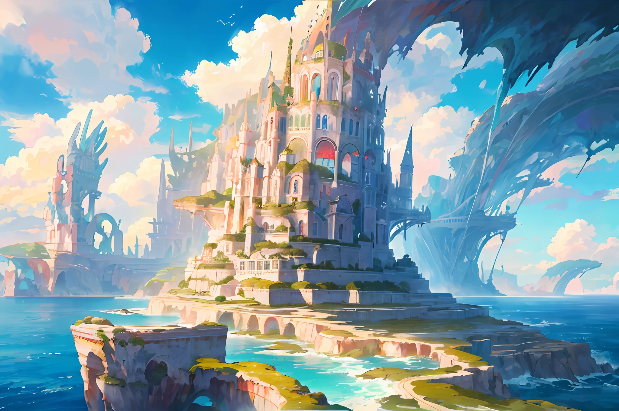 (nmasterpiece,need,need),(Fantastic landscape,Fictional landscapes),Mega buildings,myth,the sea,Clouds in the distance,Hiryu