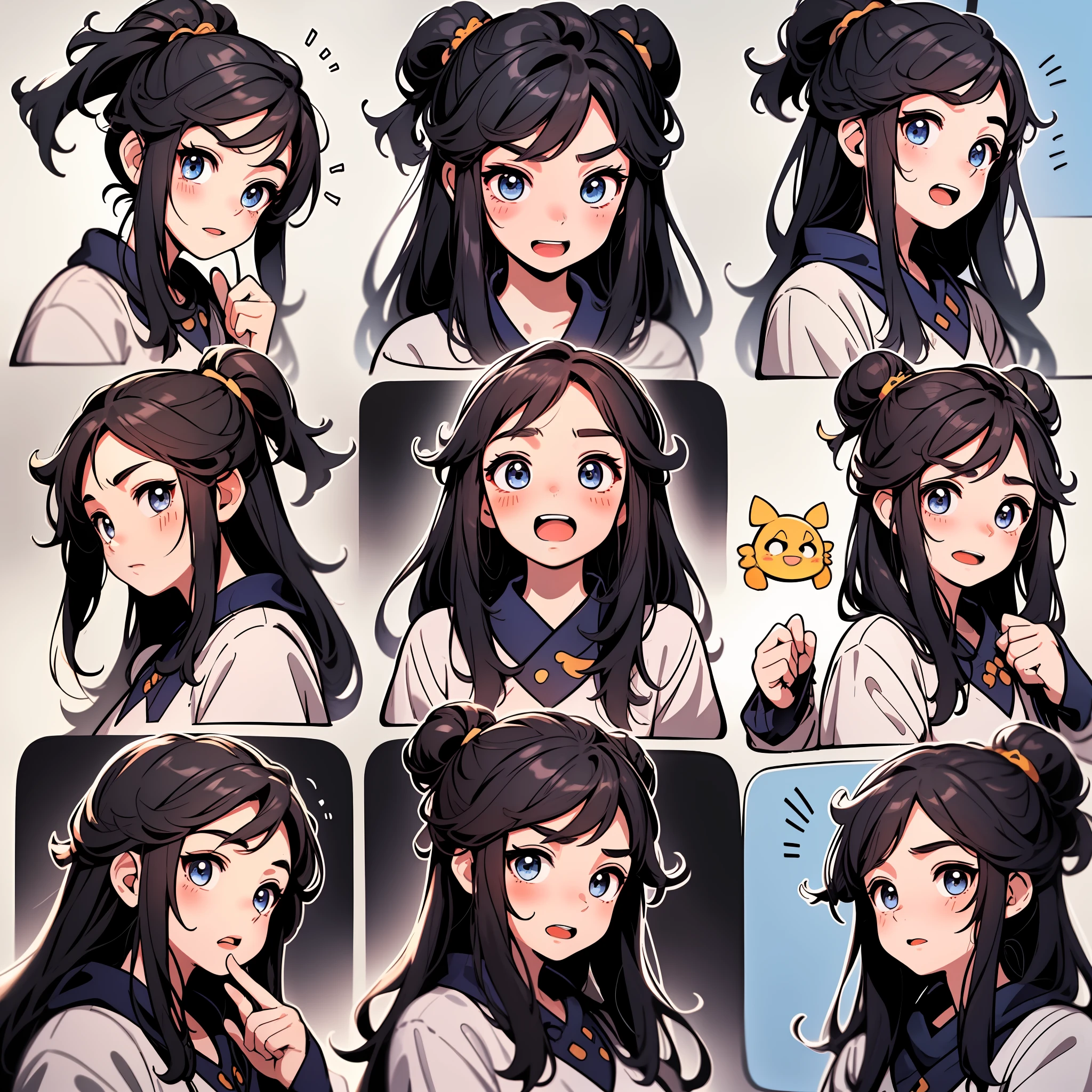 1 cute Chinese girl，9 grids，9 emoji packs，9 poses and expressions，Hanfu，Disney  style，Black strokes，Different emotions，8K