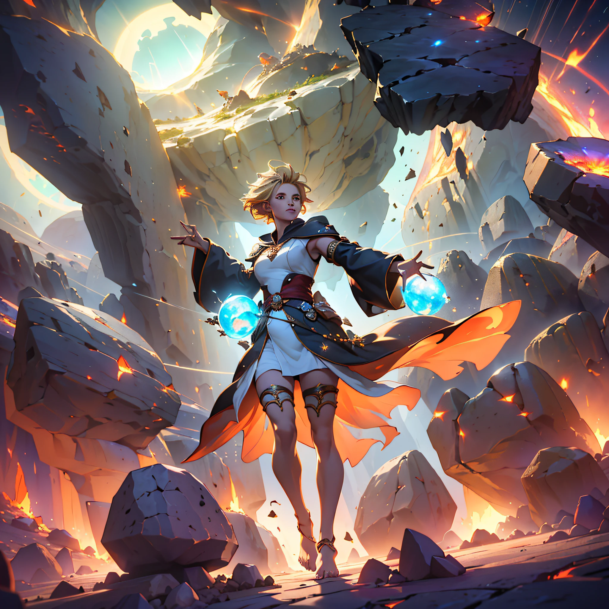female barefoot summoner levitating with blonde hair robes and cape arms lifted up over a broken earth bright lava light from below asteroid field (jagged rocks boulders and debris shooting into the air:1.3) (windy dust debris storm:1.1) volumetric fog mist ray tracing z pass bright light from below, (masterpiece) (best quality) (detailed) (8k) (cinematic lighting) (sharp focus) (intricate) --auto --s2