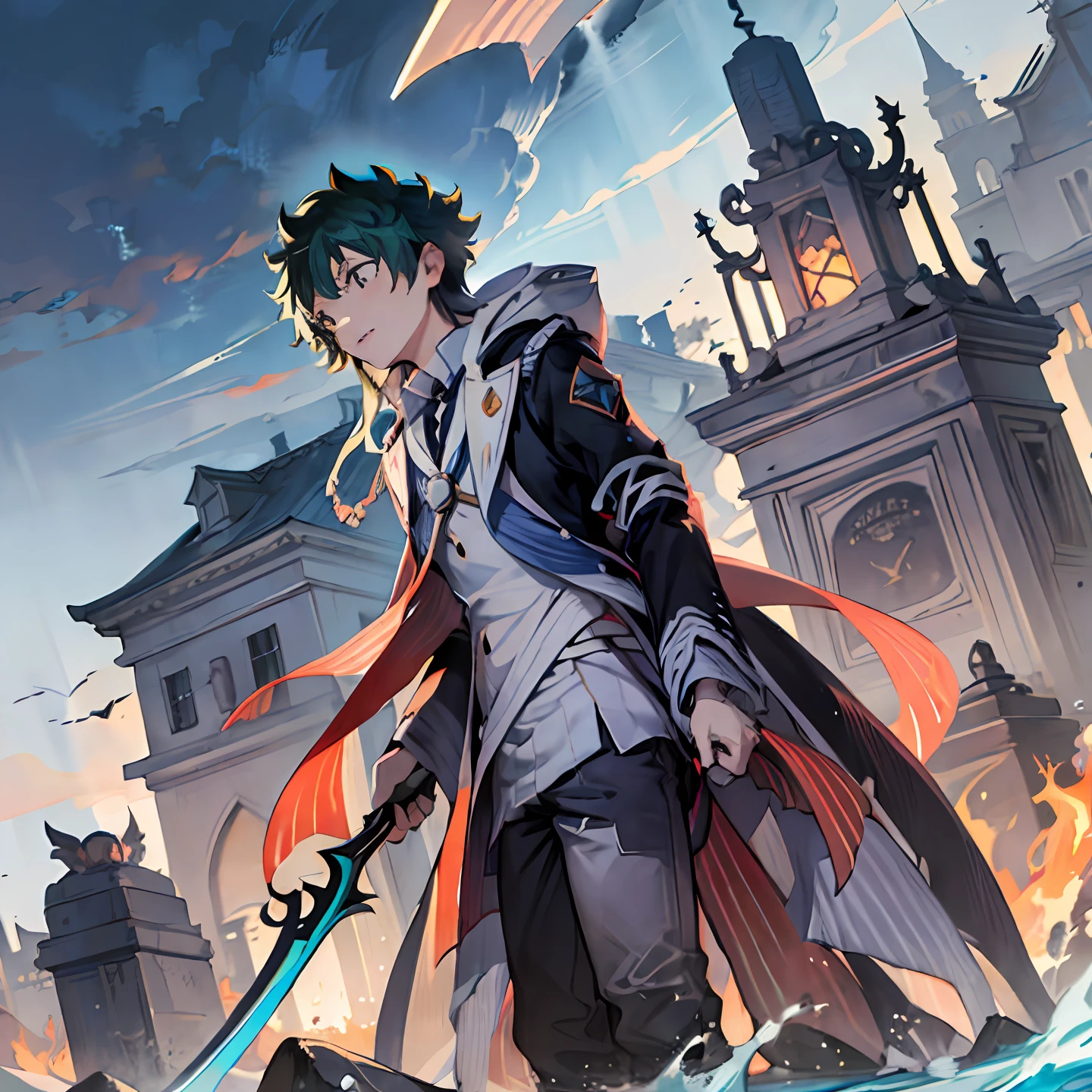Izuku Midoriya as the grim reaper wearing plague doctor's clothes wielding a scythe on a cementary under the crimson moonlight