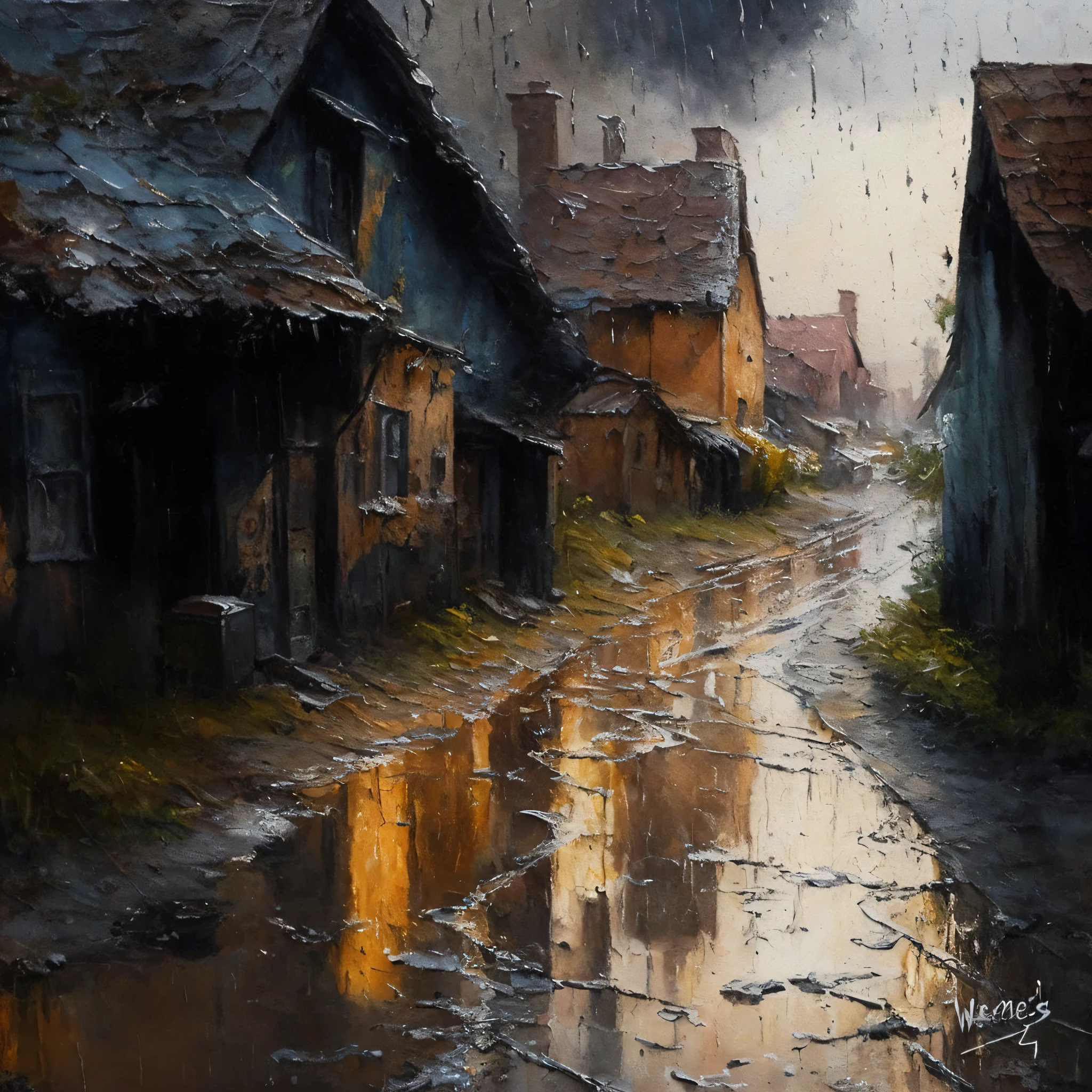 painting of a rainy street with houses and a puddle of water, extremly detailed oil painting, detailed 4 k oil painting, 8 k hd detailed oil painting, detailed 4 k painting, wadim kashin. ultra realistic, beautiful oil matte painting, extremely detailed oil painting, very detailed oil painting, high detailed oil painting, by Wojciech Weiss