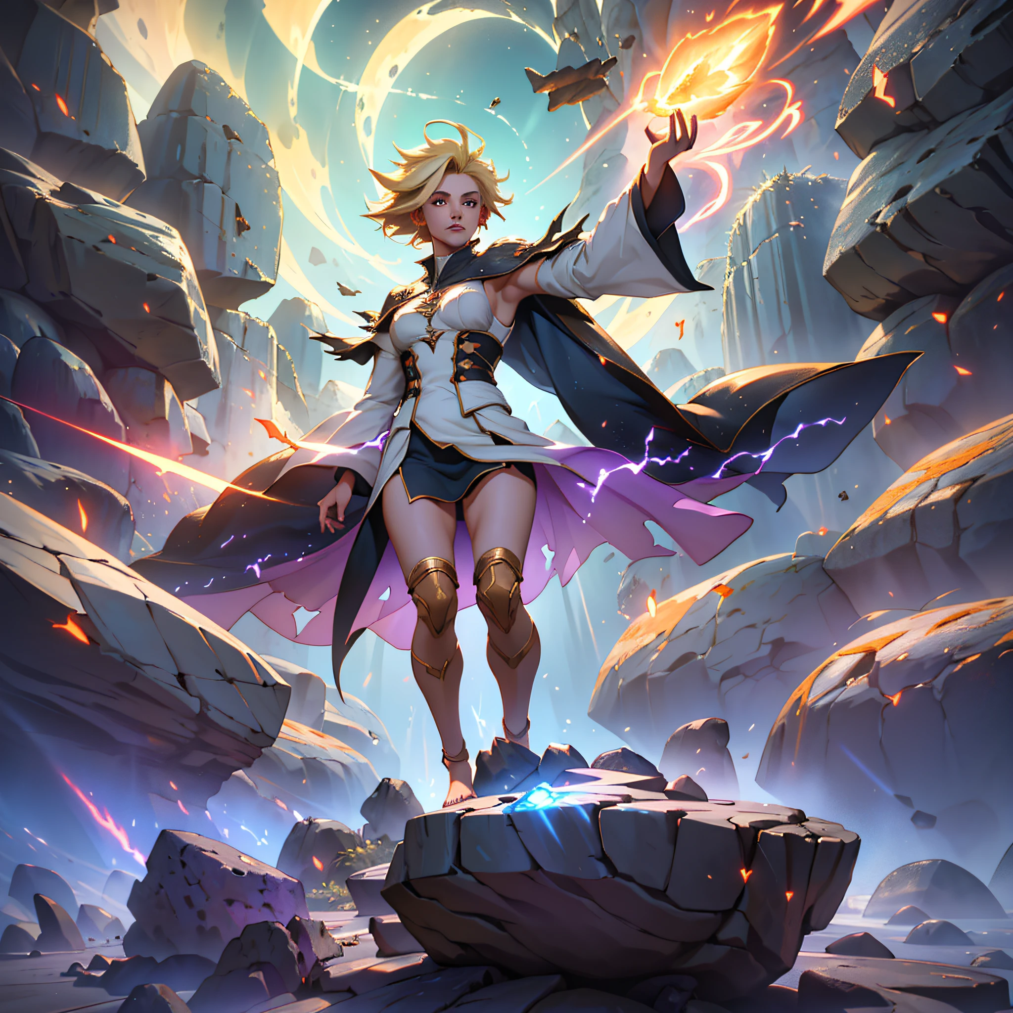 female barefoot summoner levitating with blonde hair robes and cape arms lifted up over a broken earth bright lava light from below asteroid field (jagged rocks boulders and debris shooting into the air:1.3) (windy dust debris storm:1.1) volumetric fog mist ray tracing z pass bright light from below, (masterpiece) (best quality) (detailed) (8k) (cinematic lighting) (sharp focus) (intricate) --auto --s2