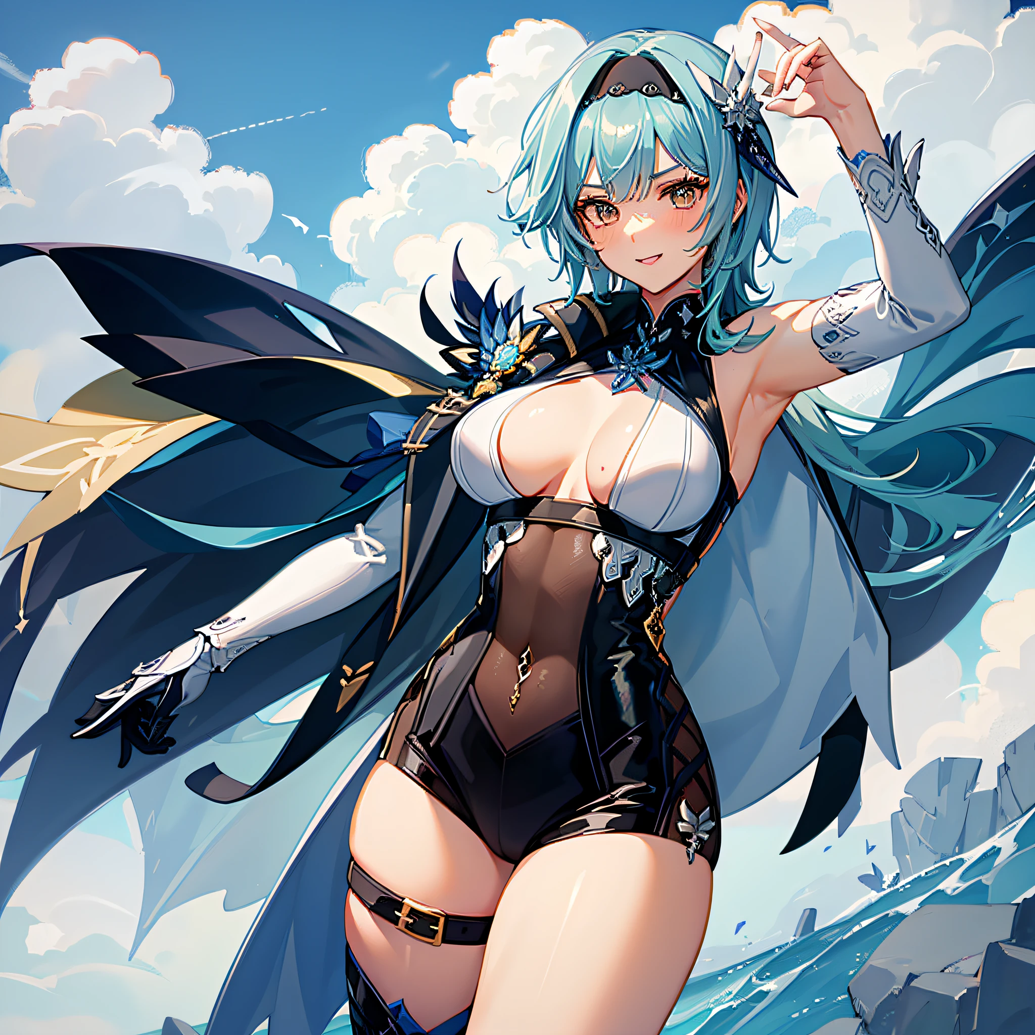 (antecedentes extremamente detalhados) (melhor qualidade), (mais alta qualidade), (obra-prima) , (ultra-detalhado) , Eula Lawrence, peitos enormes, bundas grandes, coxas grandes, Your MILF skin is oily, olhar sedutor, sorriso sedutor, blush, blue skies, cabelo longo, doing dance pose, em frente a uma praia no entardecer do dia, entardecer do dia olhos castanhos olhando para o espectador , solo ,4k , 8k ,