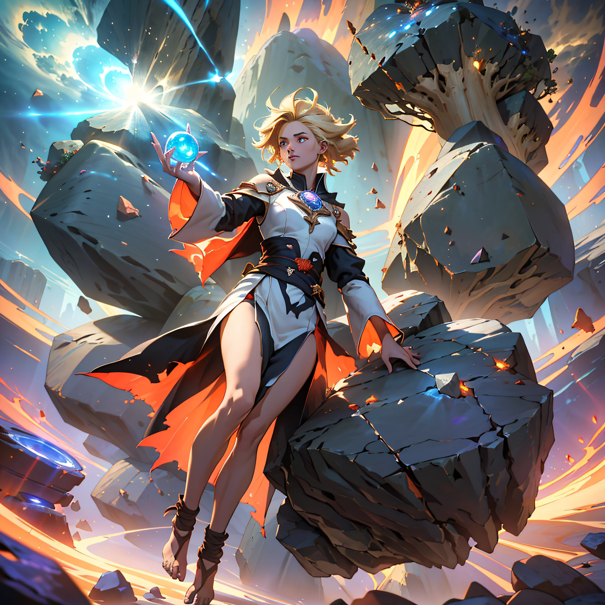 female barefoot summoner levitating with blonde hair robes and cape arms lifted up over a broken earth bright lava light from below asteroid field (jagged rocks boulders and debris shooting into the air:1.3) (windy dust debris storm:1.1) volumetric fog mist ray tracing z pass bright light from below, (masterpiece) (best quality) (detailed) (8k) (cinematic lighting) (sharp focus) (intricate) --auto --s2