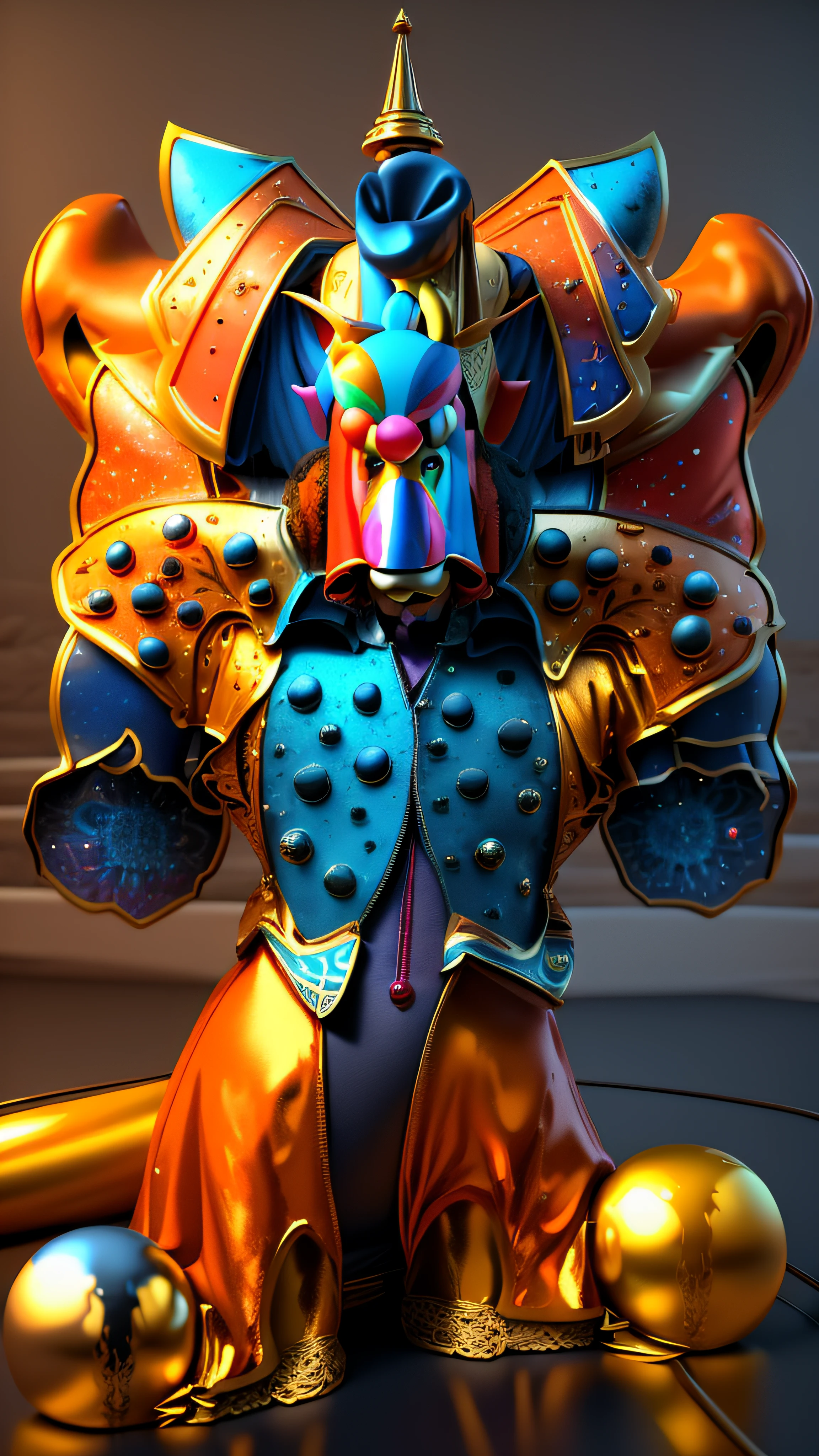 There is a cartoon image of a Clown on top of another circus clown in an orange outfit, vermelha, azul e bege, Deus grego, galactic deity, Detailed clowns, Estilo Varguyart, Imperador do universo conhecido, Ultra Mega Super Detalhe, 4k, raytracing, ray-traced, bokeh, flare on camera, 3d render