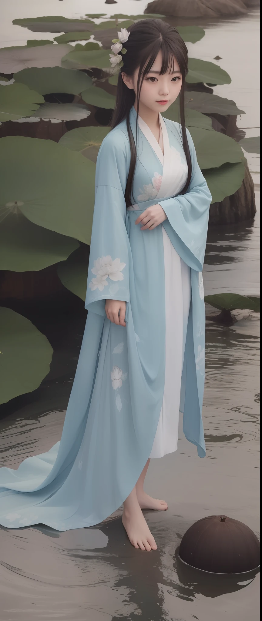 ((4k,masterpiece,best quality)), shuimobysim, traditional chinese ink painting, lotus, hanfu, maxiskit, dress conservatively 1girl, solo, long blue hair, smile, standing, feet in the water, barefoot,