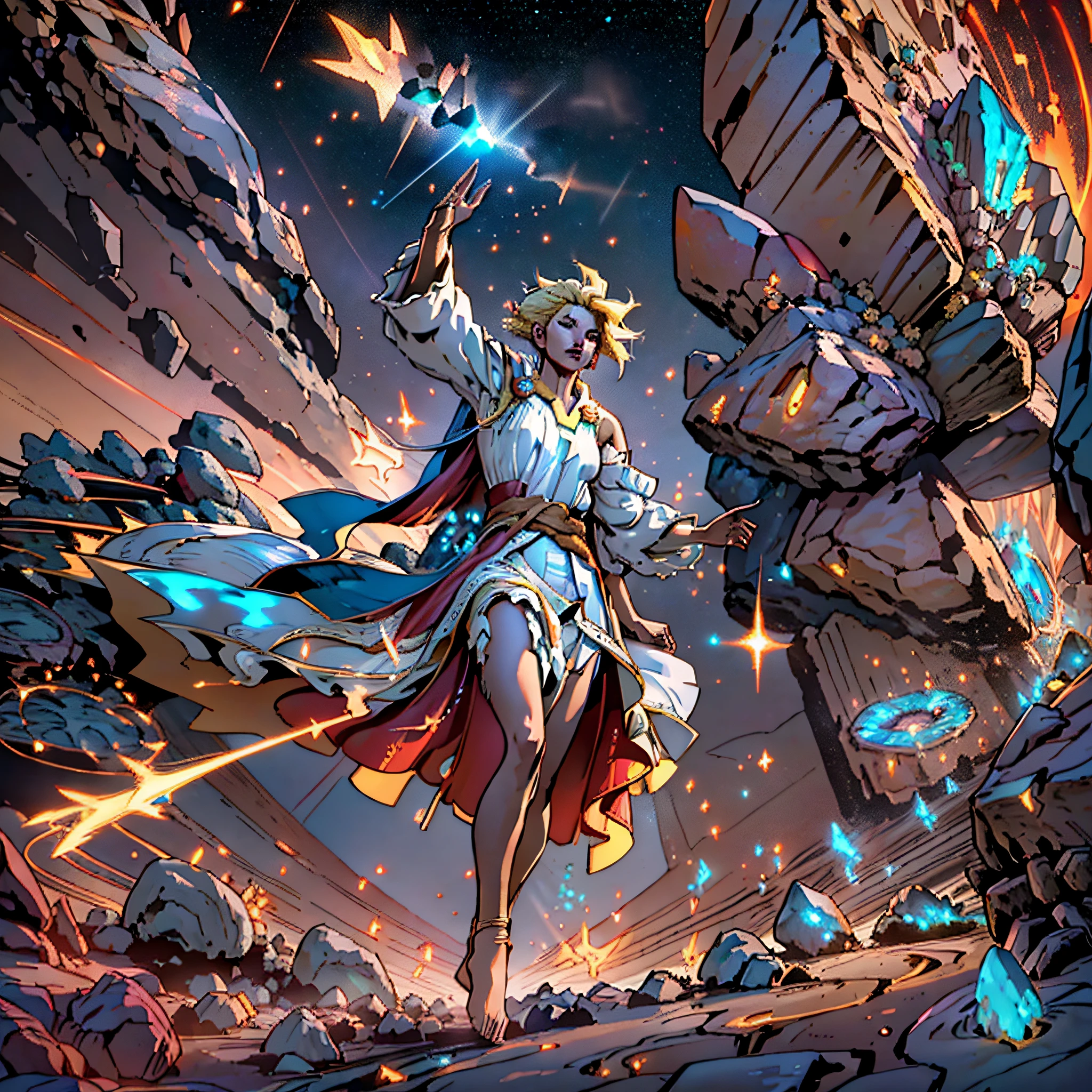 female barefoot summoner levitating with blonde hair robes and cape arms lifted up over a broken earth bright lava light from below asteroid field (jagged rocks boulders and debris shooting into the air:1.3) (windy dust debris storm:1.1) volumetric fog mist ray tracing z pass bright light from below, (masterpiece) (best quality) (detailed) (8k) (cinematic lighting) (sharp focus) (intricate) --auto --s2