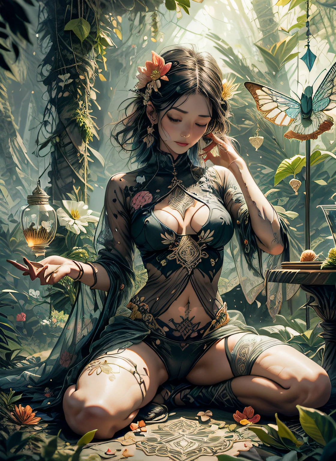1sexy girl with forest clothes, flowers, leaves, mandalas, fractal,, Sleeping Beauty, by Bella🦋 full body, beautiful girl sleeping, room with mirror, girl sleeping on bed and sheets, old clock and lamp on table, full body, black hair, Transparent clothing,open legs, view of pubic hair, 1 sexy girl in transparent forest clothes,exposed breasts, open transparent t-shirt,mandala and flower tattoos, La mejor calidad, Obra maestra, llustration, muy delicado y hermoso, muy detallado, CG, Unidad, Fondo de pantalla de 8k, ridiculous, huge filesize, lente muy ancha, Luz suave,Sleeping Beauty, by Bella🦋 full body, beautiful girl sleeping, full body, black hair, Transparent clothing, slight smile,, open legs, view of pubic hair, 1 sexy girl in transparent forest clothes,exposed breasts, open transparent t-shirt,mandala and flower tattoos, La mejor calidad,