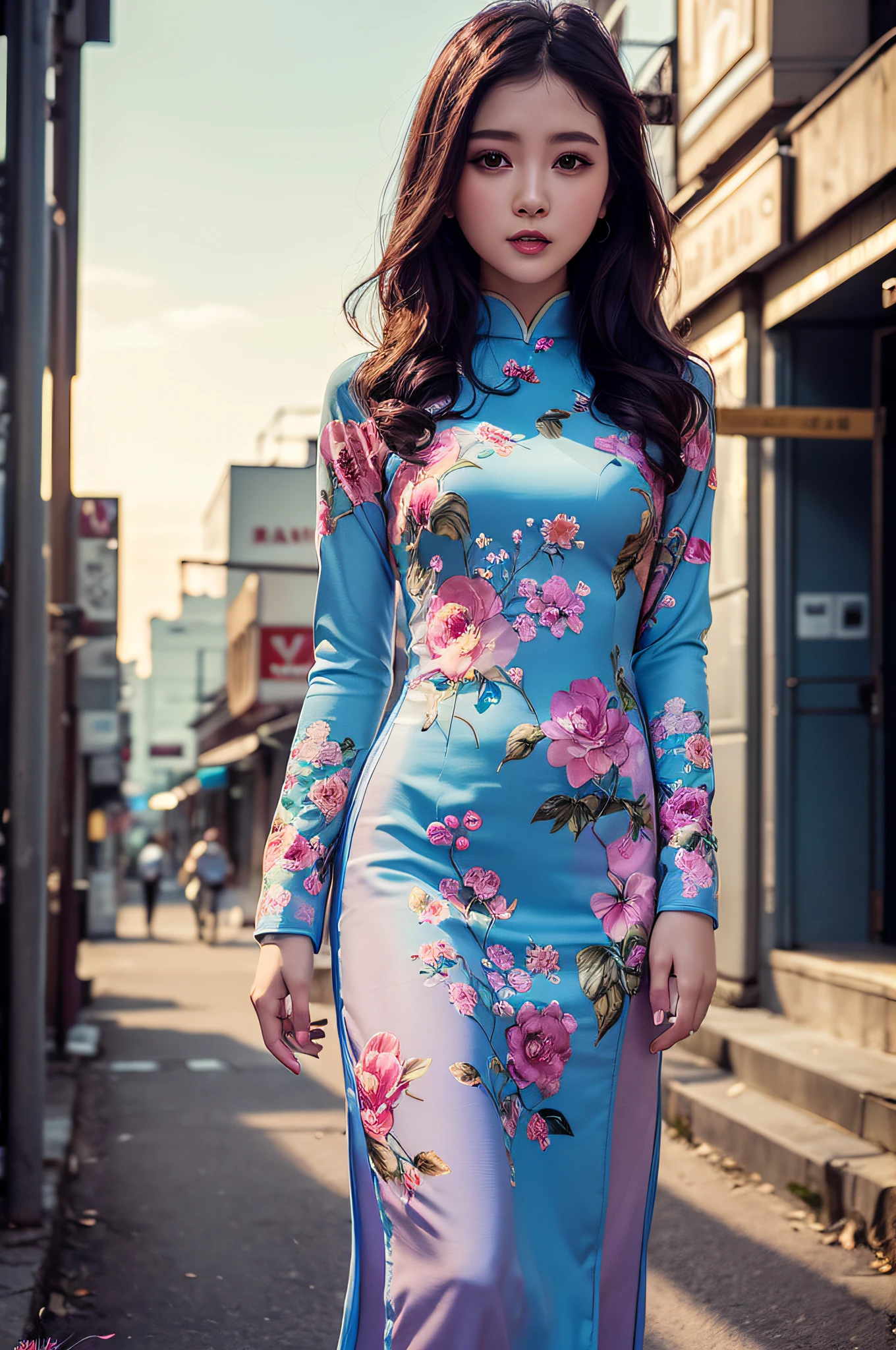 a beautiful girl in vintage colors aodai tradition viet nam , masterpiece, best quality, realistic:1.3, street, cyberpunk, sunlight, backlighting, artstation, intricate details, vignette, city night