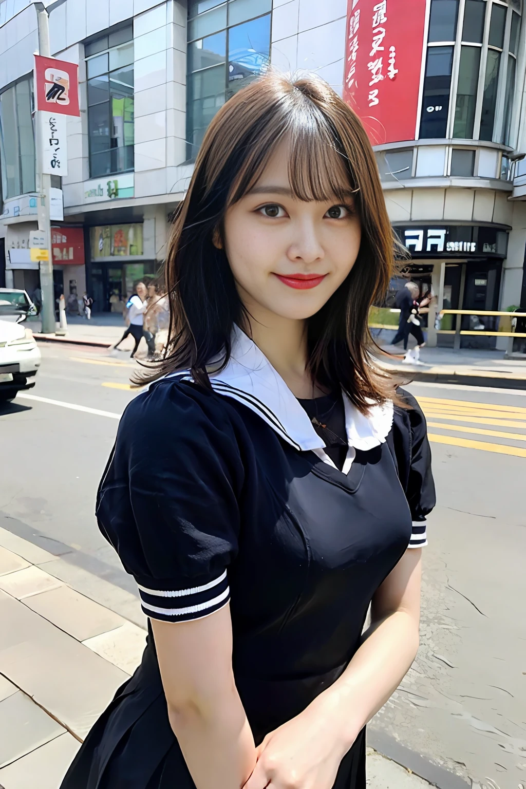 ultra best quality、A masterpice、ultra-high-resolution、(photorealestic:1.4)、extremely detailed CG Unity 8k wallpapers、Detailed and Intricicated、original、high-re、Raw foto、(perfect body type)、Detailed and Intricicated,、DSLR、softlighting、highly quality、film grains、Depth of field、FujifilmXT3、50mm Lens、Back lighting、omg、hyper-real、Color Grade、dinamic pose、portlate、japanes、smile on face、s lips、bangss、(Crowded Akihabara:1.2)、Front view View viewer、natural lights、babes、20 age old、Whole human body、独奏、 pupil、University、seethru school uniform、Sailor collar、Bobby Socks、pleats skirt、daytime、in a street、deep-shadows、a Pretty、Beautie、Unobtrusive、Short-cut hair,Cold Light 12000K \\ a street、The state of the store、akihabara、Shinjuku、Shibuya、Ikebukuro、Detailed Realistic、specifics、Skin texture、ultra -detailed、realistic skin textures、(Dramatic、awardwinning photo、Incredible masterpiece:1.3)