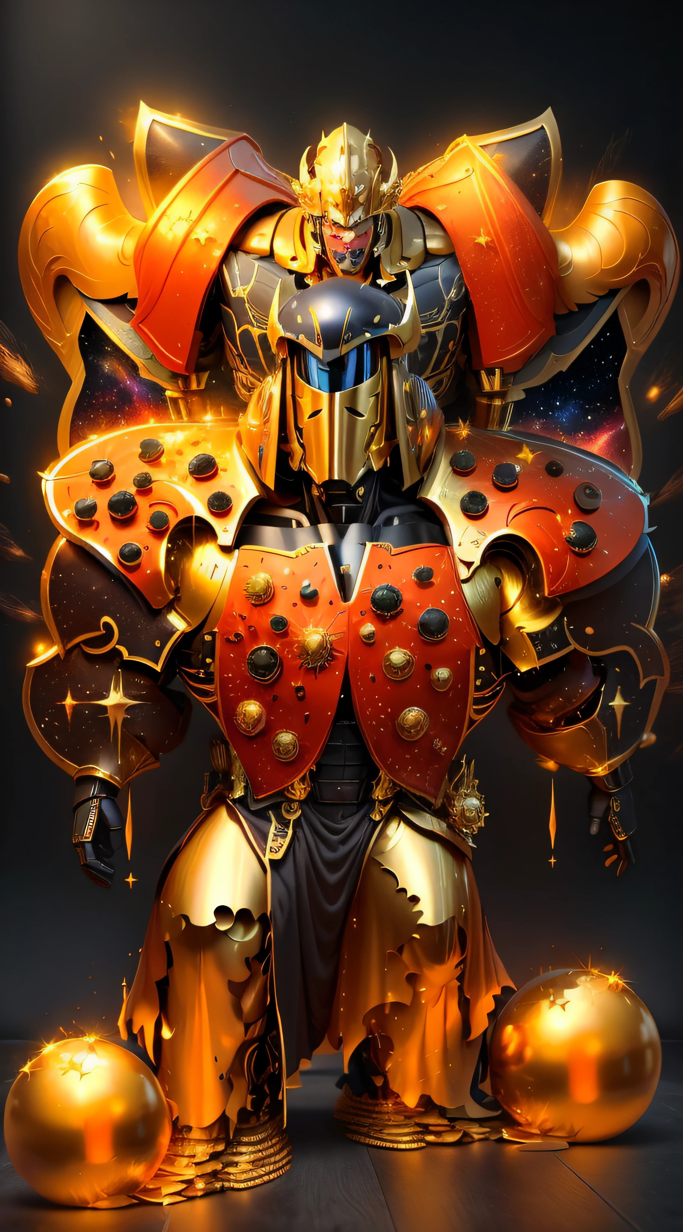 There is a cartoon image of one Clown on top of another with an orange outfit, vermelha e bege, Deus grego no estilo mecha, Getter Robo, galactic deity, Mazinger, detailed cosmic angelic robot, Galactus!!!!, transformando-se em sua forma final, deus rei da arte ai, armadura saiyajin, Estilo Varguyart, Imperador do universo conhecido, Ultra Mega Super Detalhe