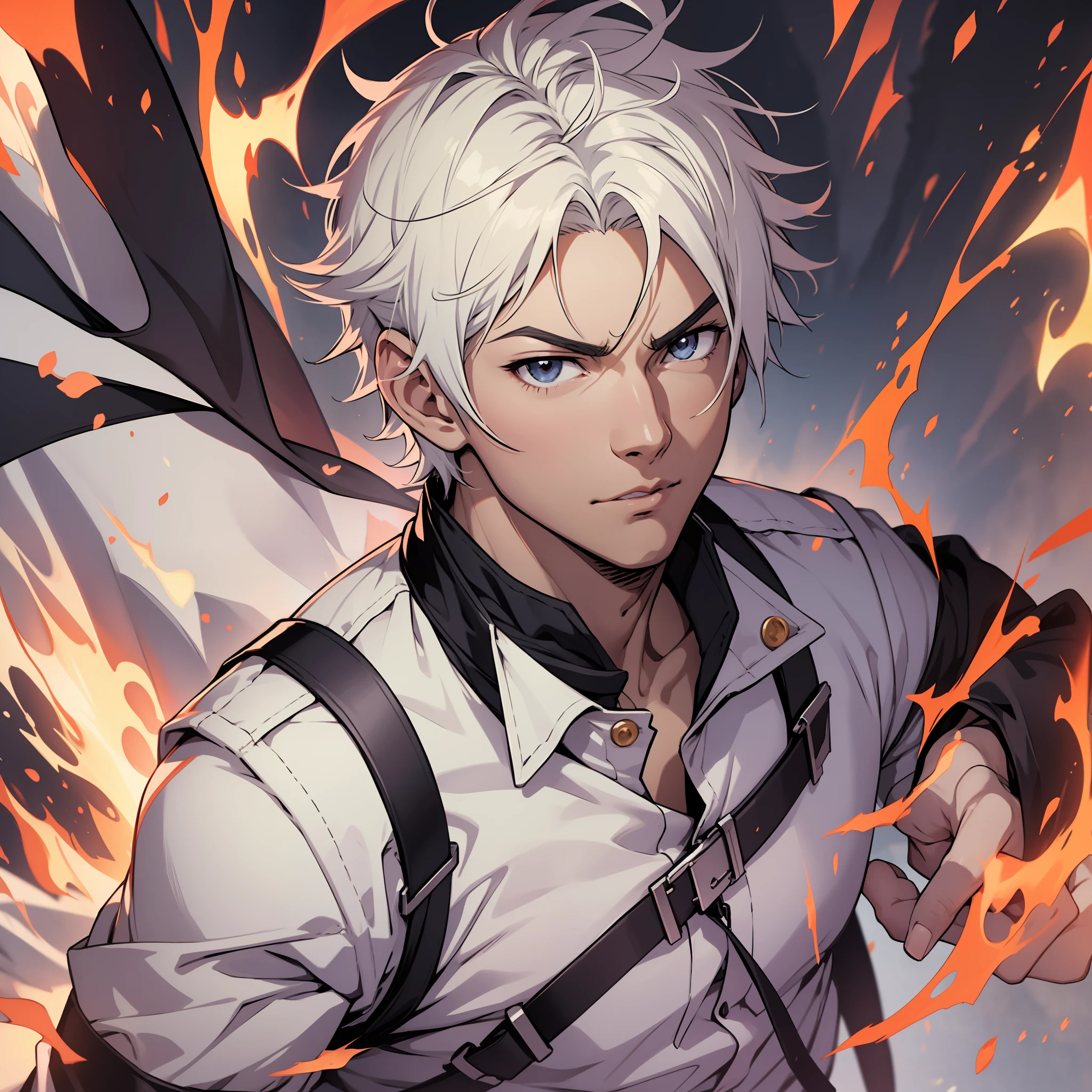 anime character with white hair and a white shirt standing in front of a fire, badass anime 8 k, handsome guy in demon slayer art, male anime character, best anime 4k konachan wallpaper, anime handsome man, detailed anime character art, handsome anime pose, anime style 4 k, 4k anime wallpaper, anime character art, key anime art