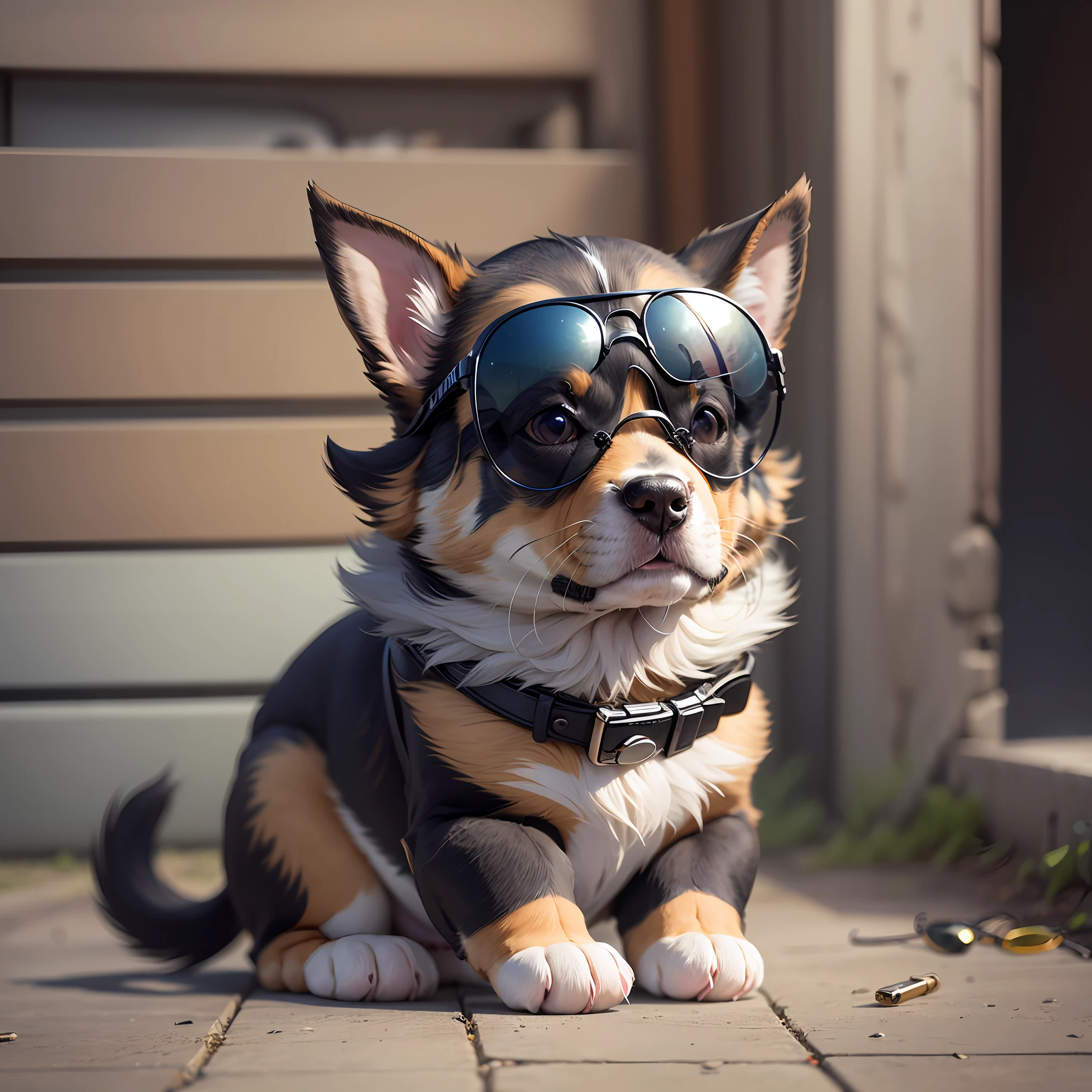 Stuffed puppy with sunglasses, touca de frio e fones de ouvido, parecendo bem estiloso, light smoke on the scene