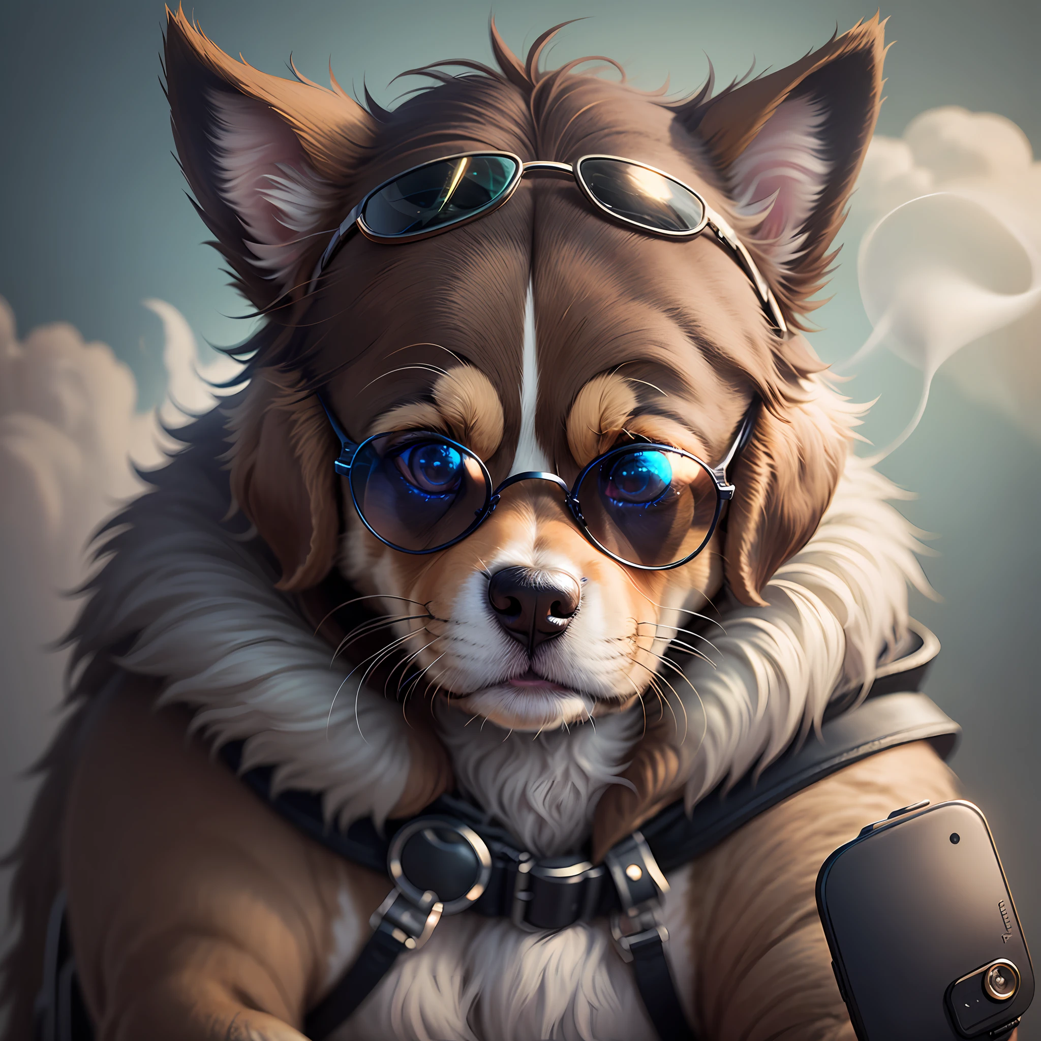 Stuffed puppy with sunglasses, touca de frio e fones de ouvido, parecendo bem estiloso, light smoke on the scene